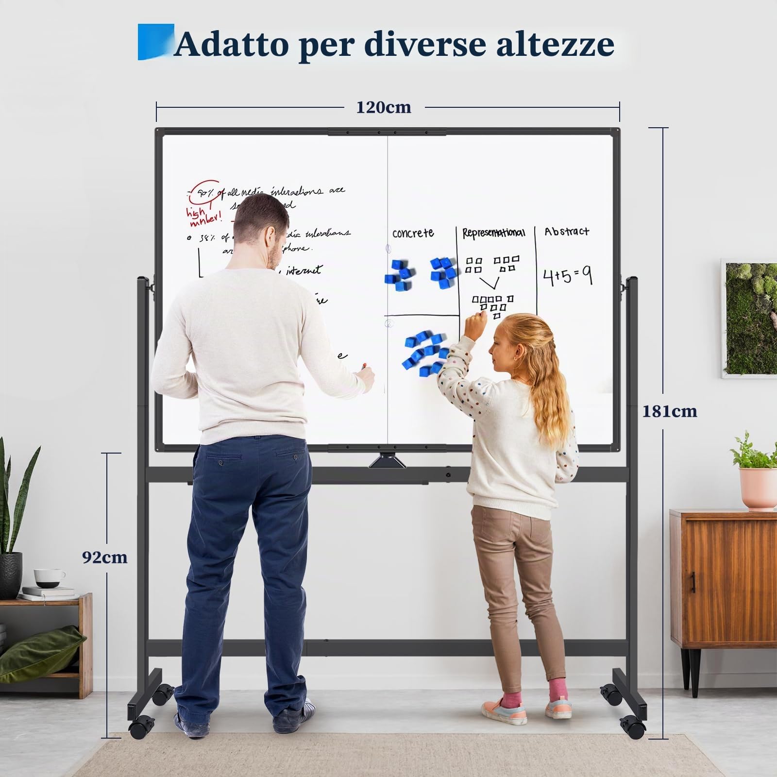 maxtek Lavagna Bianca Mobile con Cavalletto 120 x 90 cm, Nero | Magnetica Whiteboard, Cancellabile, Doppia Faccia Girevole, Telaio in Alluminio, Rotazione 360° su Ruote,per Ufficio e Scuola