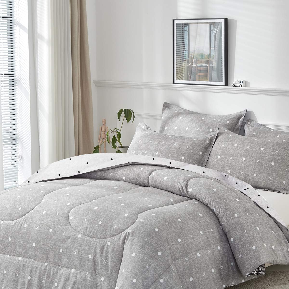 Dots Cross Comforter Sheet Set Gray Bed in a Bag 7 Pieces Queen Size Soft Microfiber Reversible Bedding Set (1 Comforter 2 Pillow Shams 1 Flat Sheet 1 Fitted Sheet 2 Pillowcases)