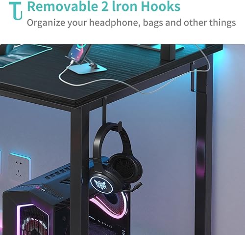 Miniatura 9 de Lufeiya Escritorio pequeño con tomas de corriente y luces LED, mesa de estudio de escritura para adolescentes de 32 pulgadas, escritorio para