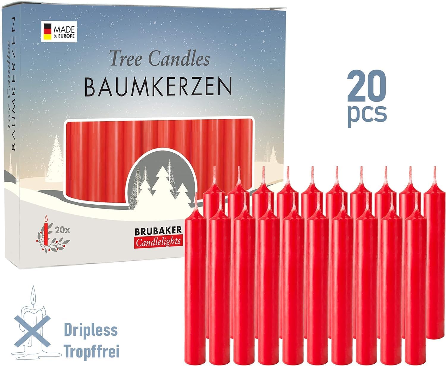 BRUBAKER Christmas Pyramid - 19.3 Inches - Designed in Germany + 20 Red Candles + Stick-Um Candle Adhesive