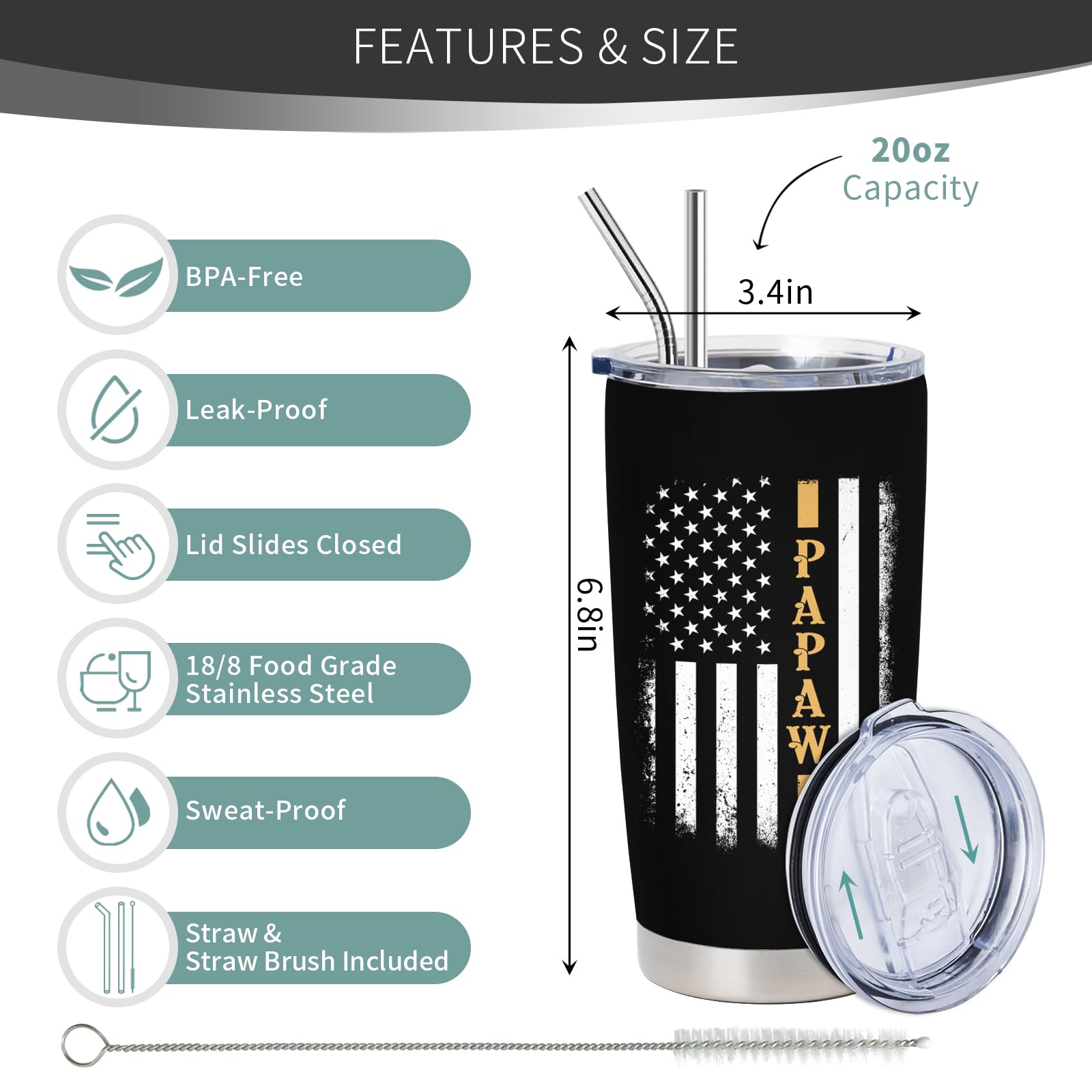Papaw Fathers Day Gift, Papaw Gifts from Grandkids/Grandson/Grandaughter, Papaw Gifts for Grandpa, Birthday Gift for Papaw, 20 oz Insulated Stainless Steel Tumbler