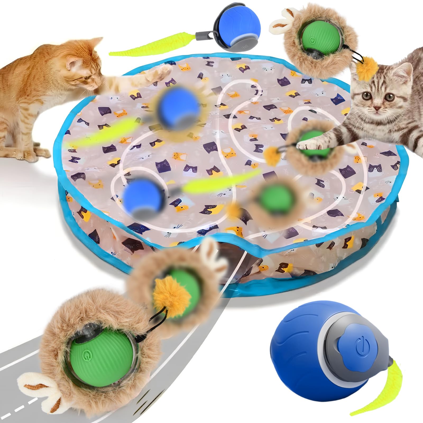 Cat Toy Play Mat with 2 Electric Interactive Cat Toy Balls, USB Rechargeable Cat Play-Catch Balls, 3 Modes Motion Activate Automatic Cat Toys, Hide and Seek Kitten Ball Toy, Smart 360° Fast Rolling