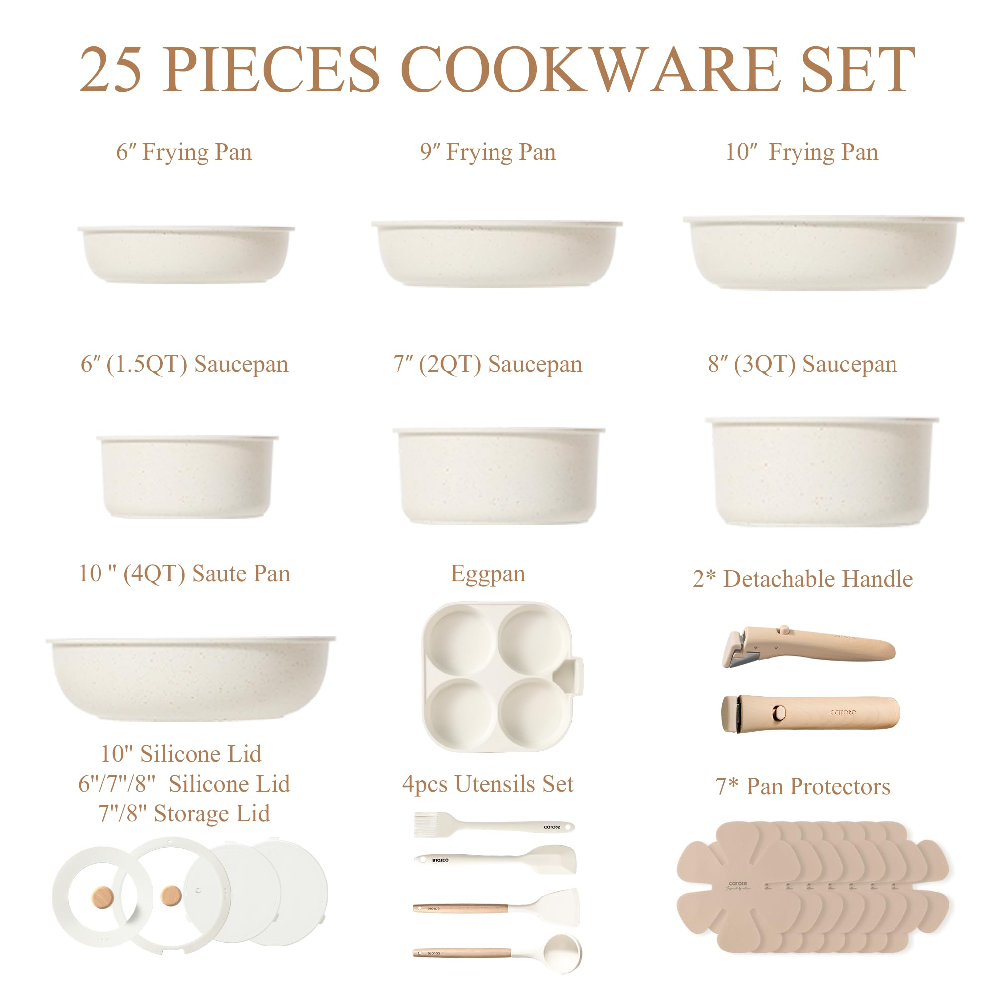 CAROTE Pots and Pans Set Non Stick, Cookware Sets, Kitchen Set, Oven/Dishwasher/Fridge Safe, Space Saving Pots Set, Nonstick Set with Versatile Detachable Handle, Induction RV Set, Cream