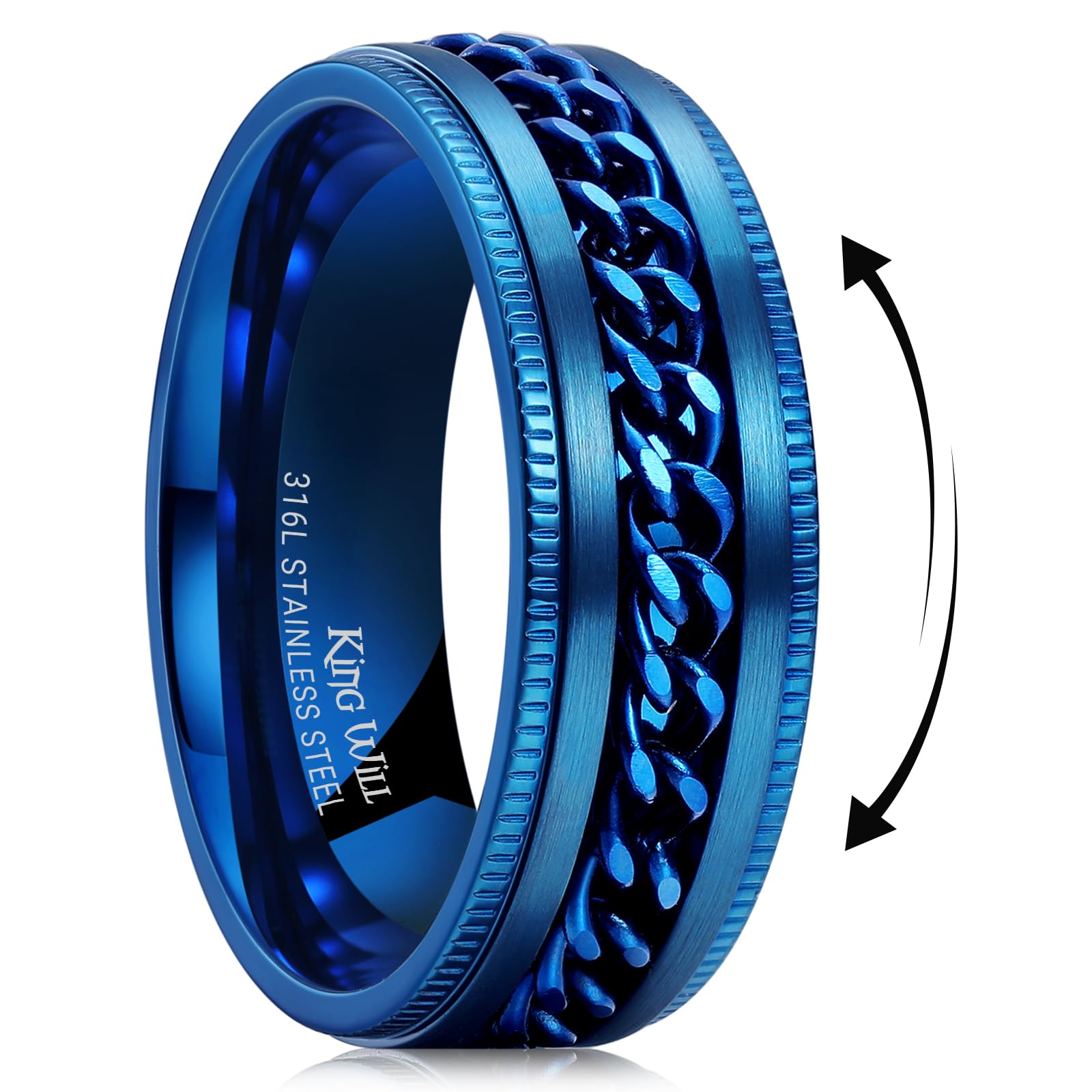 King Will 316L Stainless Steel Fidget Ring for Men Women-8mm Width with Stylish Chain Inlay Spinner Ring Stress Relief, Durable Wedding Band Comfort Fit Size 4-16