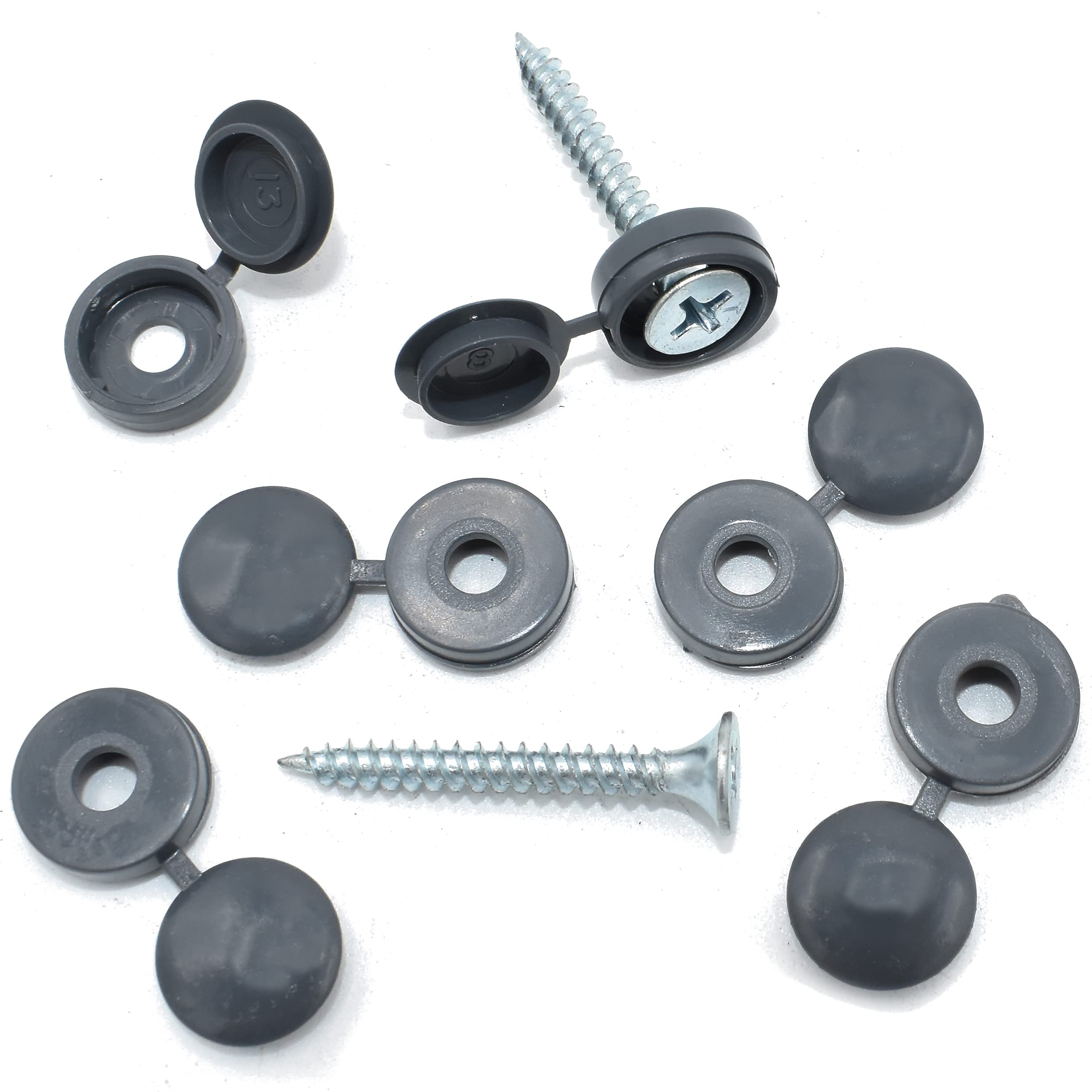 50 x Graphite Grey Hinged Screw Cover Caps Pozi Phillips Pan Head Countersunk, 0.25 inches x 2 inches - Image 2