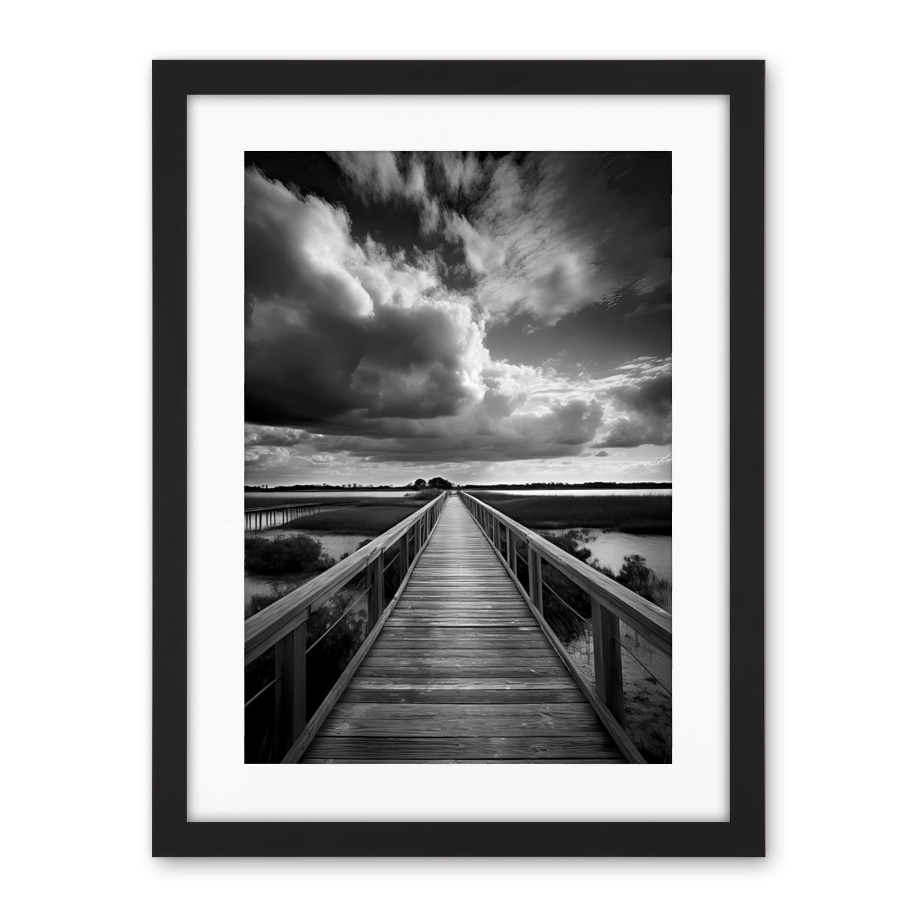 Artery8 Wooden Bridge River Landscape Black and White Artwork Framed Wall Art Print 18X24 Inch