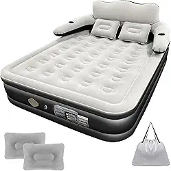 Colchão Inflável Casal 205*155CM com Encosto e Travesseiro, Bomba de ar Elétrica Recarregável Embutida, Inflação e Deflação Rápidas e Automáticas, para Viagens e Acampamentos (Preto e Branco)