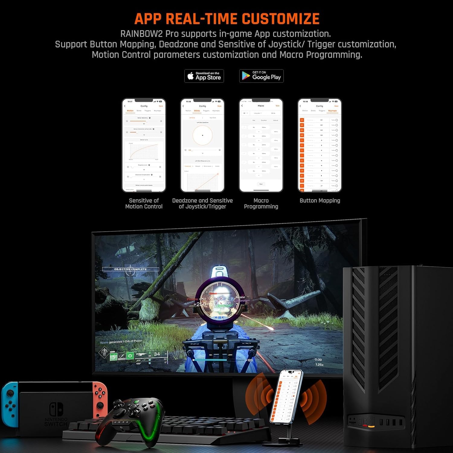 BIGBIG WON Wireless Controller Rainbow 2 Pro RGB PC 6-axis Gyro Sensor Controller Motion Aiming, Hall Effect Trigger, ALPS Joystick, 3.5mm Audio, Gamepads APP for Android/iOS/PC Windows10&11/Switch