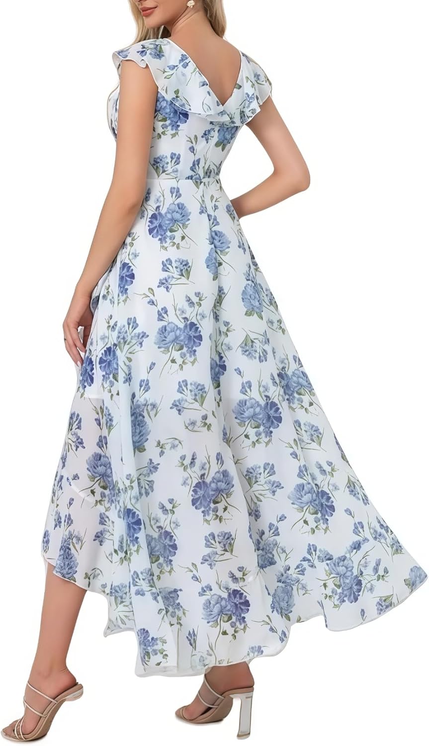 Womens V Neck Floral Print Ruffle Maxi Party Dress A-Line Summer High Low Flowy Wedding Guest Cocktail Dress - Image 3