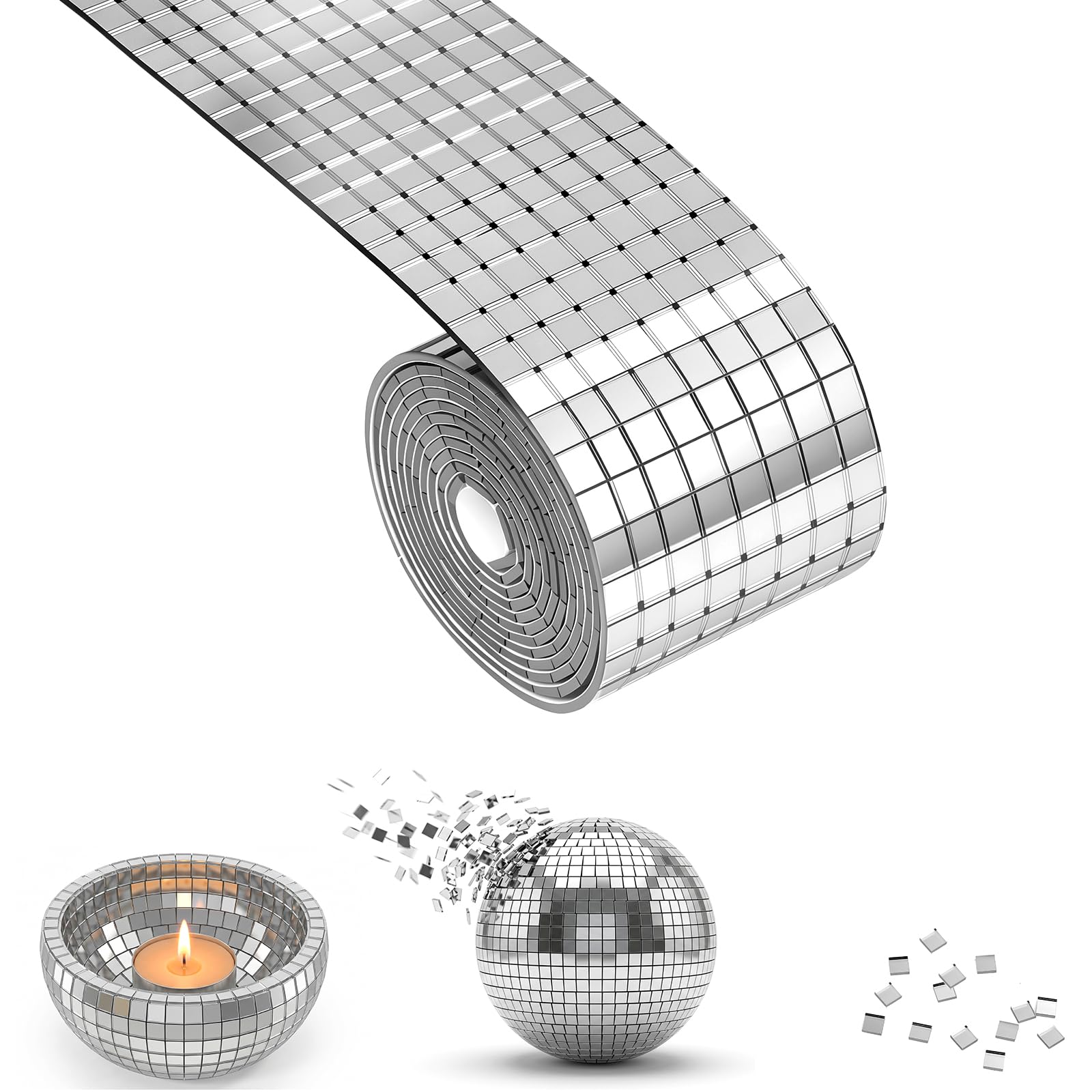 Aomig 1600PCS Self-Adhesive Mirrors Mosaic Tiles Small Square Sticker Mini Mirror Tiles 5mm * 5mm Mosaic-Stickers Disco Ball Mirror Roll Tiles for DIY Craft Home Decoration(Silver)