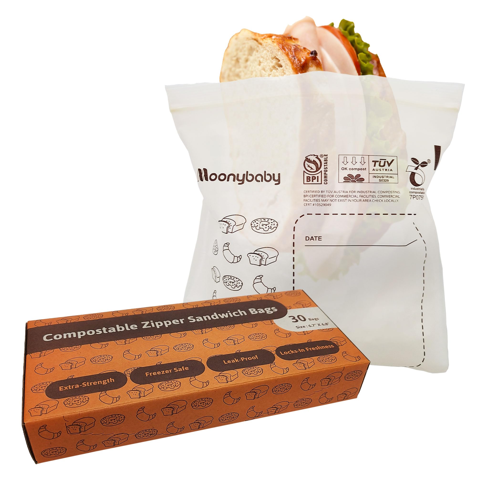 Moonybaby Compostable Sandwich Size Food Storage Bags (30 Count), Organic Food Storage Container with Food-Safe Zip Seal, Freezer and Leak Proof