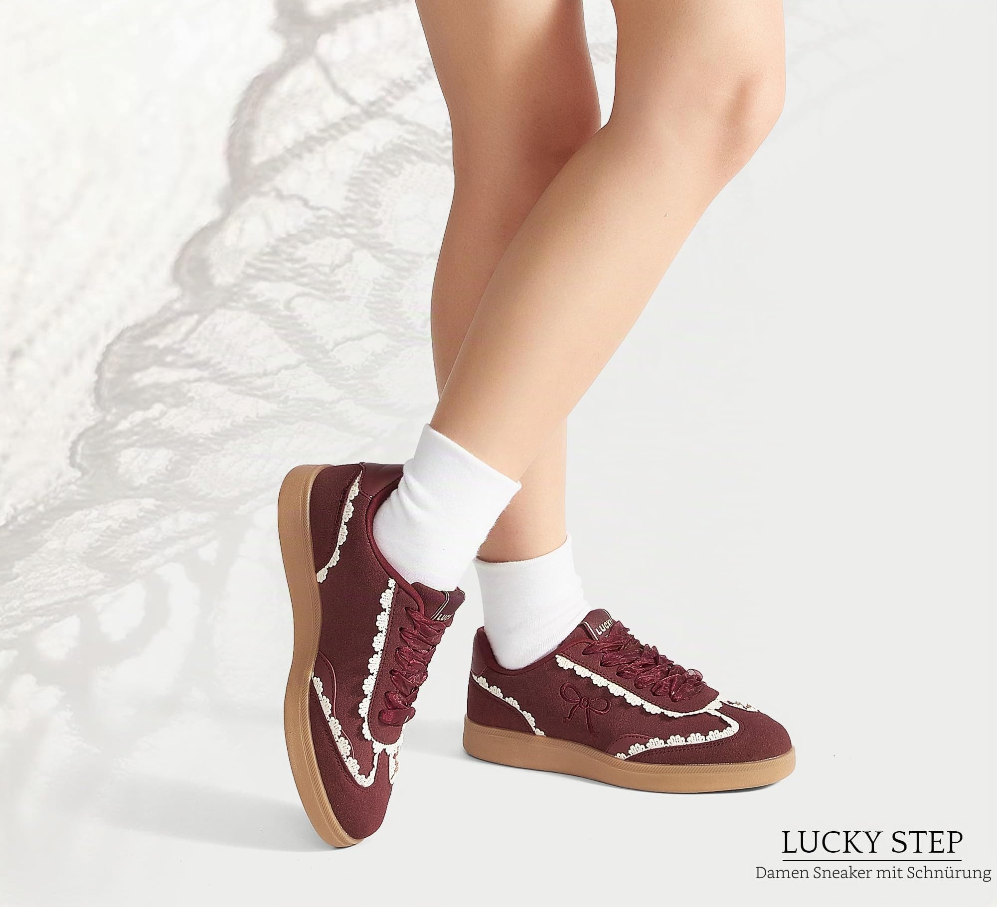 LUCKY STEP Damen Sneakers mit Spitze & Organza-Band | Vintage-Design mit Dicker Gummisohle | Bequeme Freizeitschuhe im Trend-Look für Alltag & Stadt