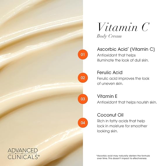 Advanced Clinicals Brightening Vitamin C Body Cream + AHA Exfoliating 10% Glycolic Acid & Lactic Acid Lotion 2PC Skincare Set For Women & Men To Reduce Appearance Of Dark Spots & Uneven Skin Tone