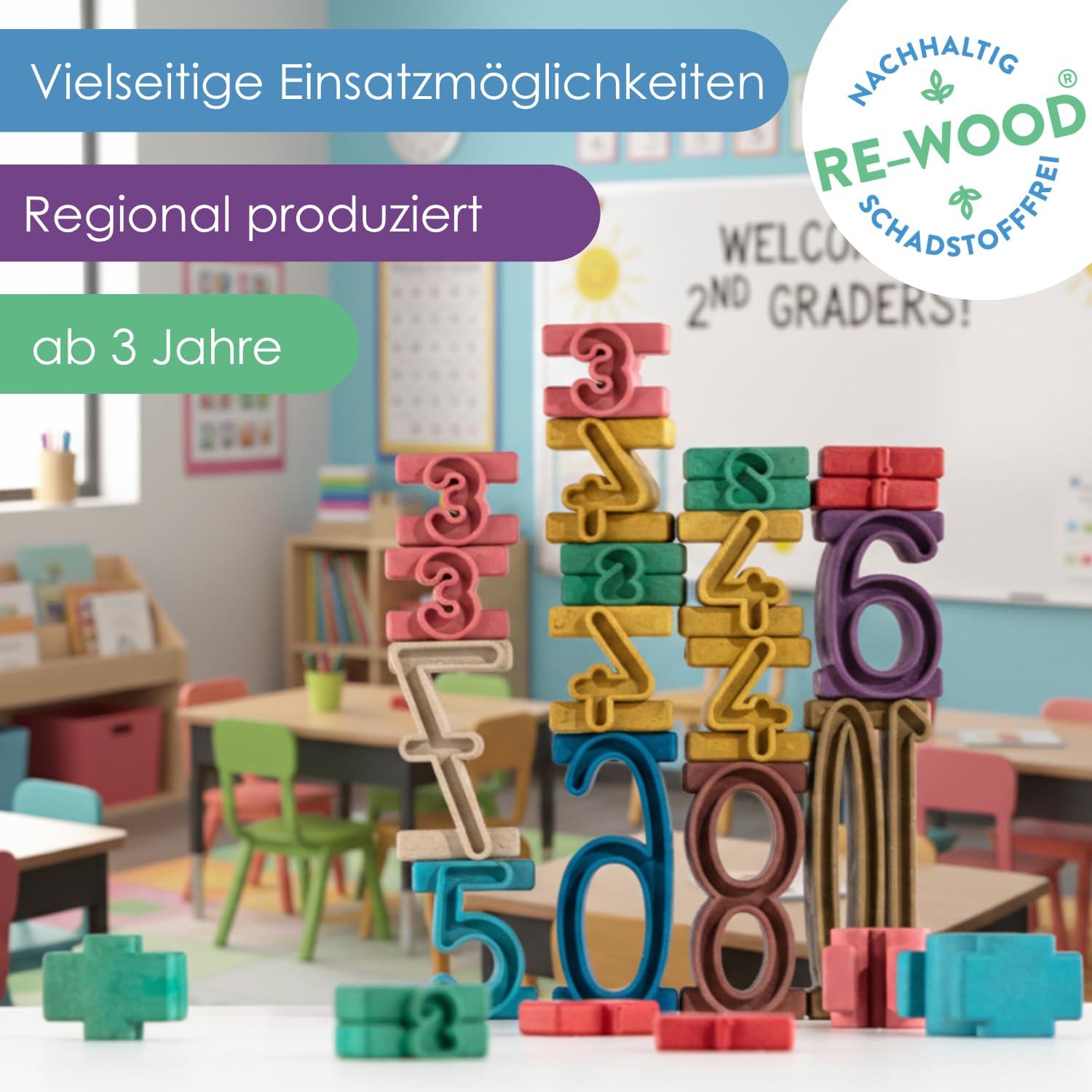 WISSNER® RE-Wood Montessori Stapelzahlen (34 Stück) – Lernspielzeug