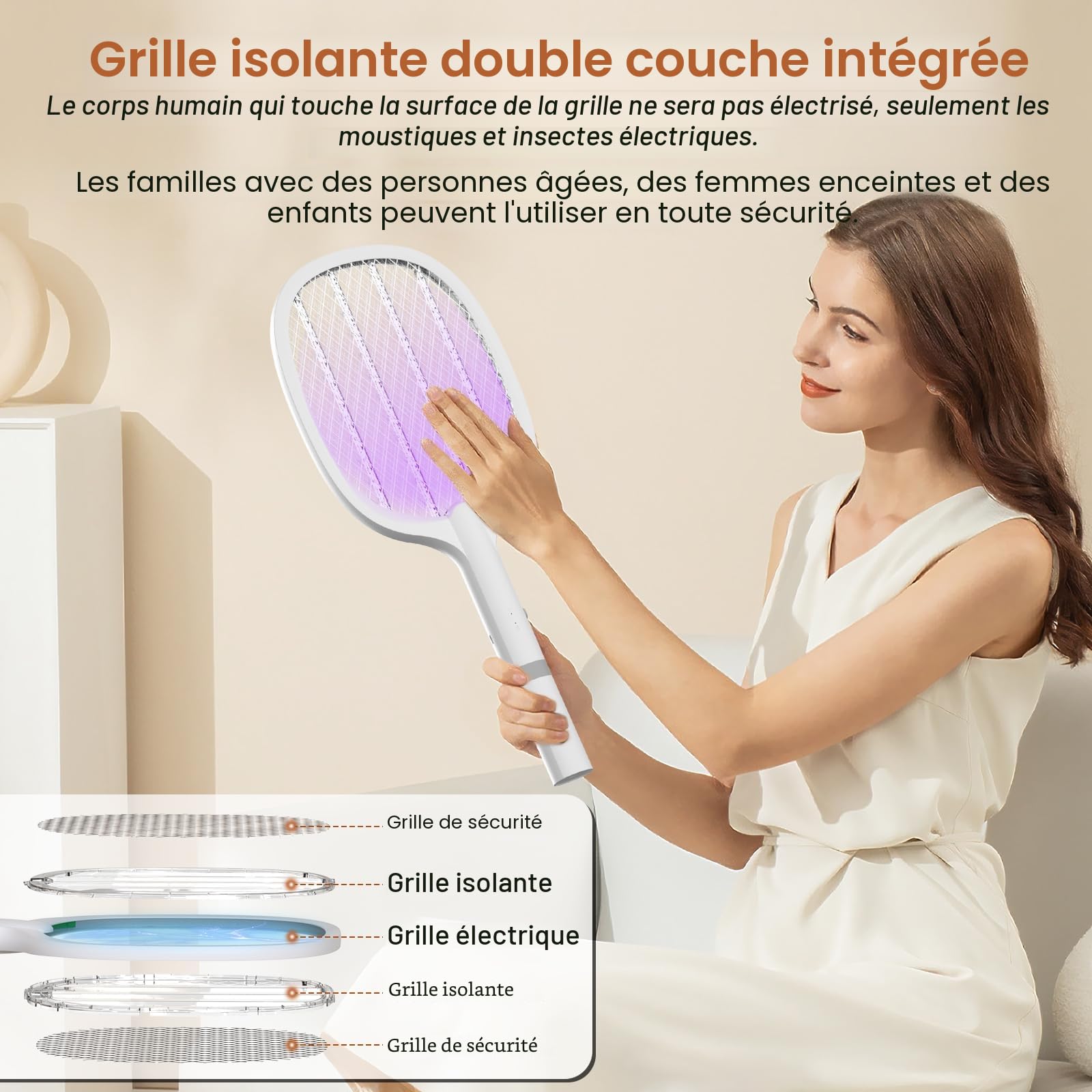 Raquette Electrique Insectes 5000V 2000 mAh Tapette à Mouches USB C 2 en 1 Anti-Moustiques