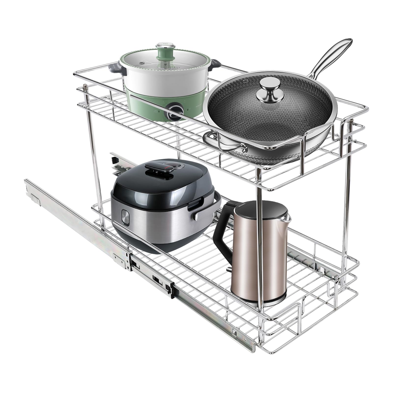 XUFOPLY Pull Out Cabinet Organizer, 2 Tier Slide Out Drawers Cabinet Organizer Heavy Duty Cabinet Pull Out Shelves for Kitchen Cabinets Bathroom (Silver, 10.5