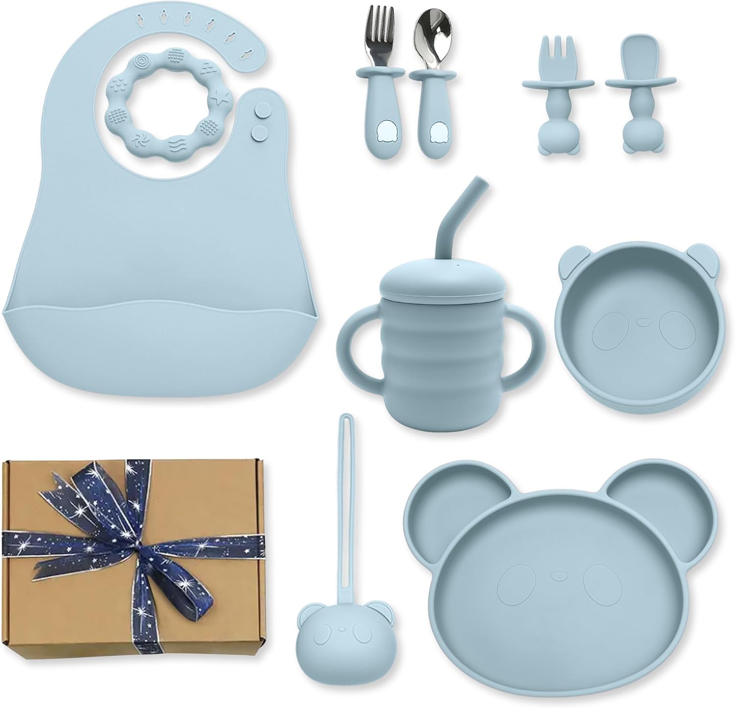 Silicone Baby Feeding Set, Baby Led Weaning Supplies, Suction Plate and Bowl, Self Feeding Spoons, Tiny Cup, Bib, First Stage Food Set, Baby Dishes, Infant Eating Utensils for 6+ Months (BLUE)