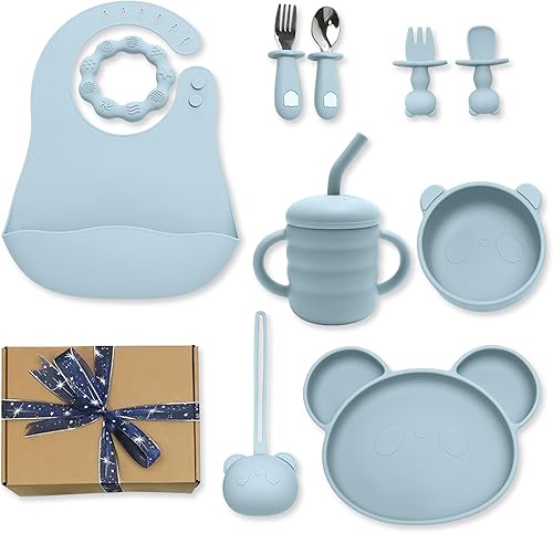 Miniatura 1 de Juego de alimentación de silicona para bebés, suministros de destete para bebés, plato de succión y tazón, cucharas de autoalimentación, taza