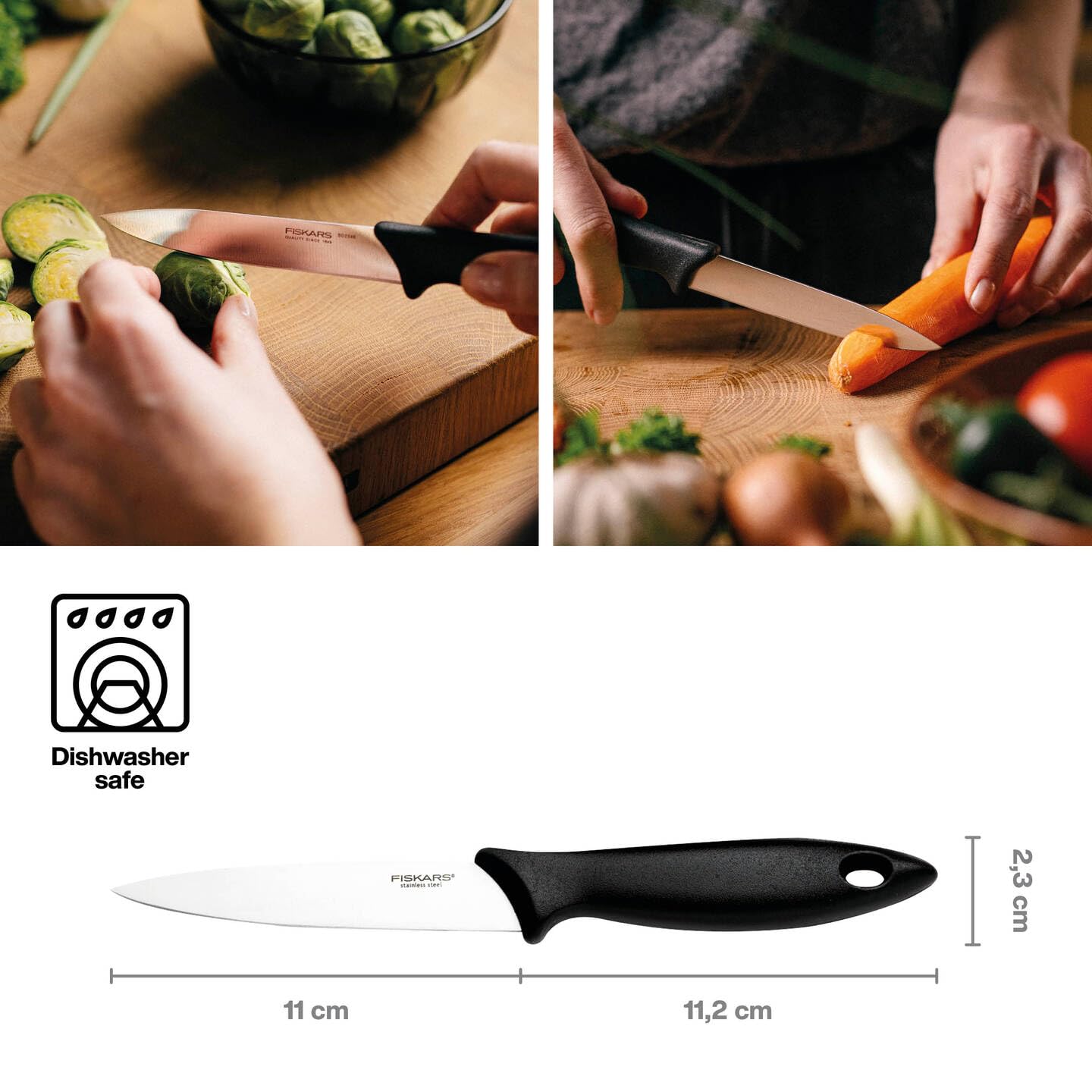 Fiskars Zestaw noży (3 części), duży nóż kuchenny, nóż do warzyw, nóż do pomidorów, długość ostrza: 21 cm, 11 cm, 11,5 cm), Essential, stal nierdzewna/tworzywo PP, czarny, 1081134