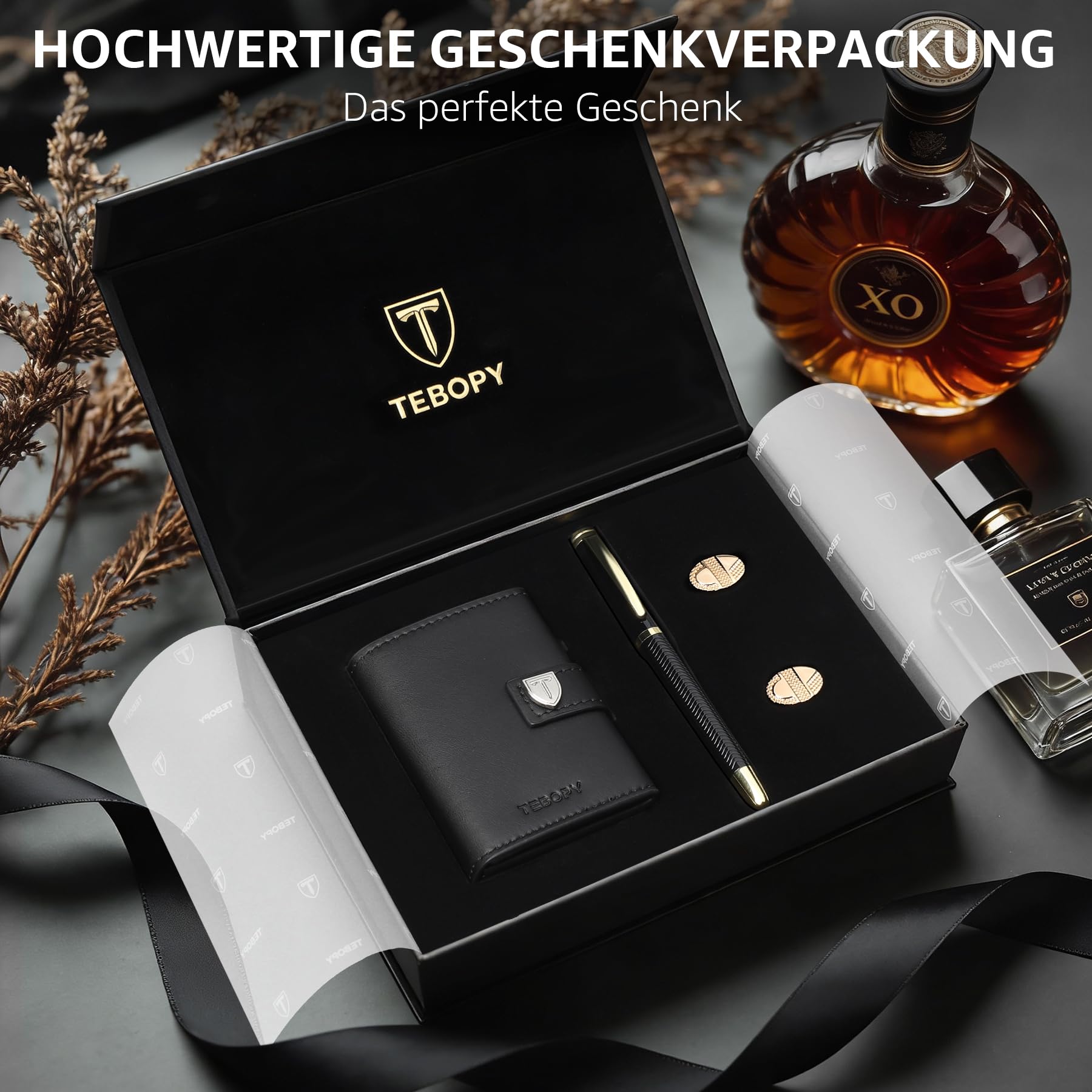 Geldbörse Herren - Portmonee Herren Set mit Kugelschreiber & Manschettenknöpfe, Slim Wallet mit RFID Schutz & Münzfach, Luxus Geldbeutel Kartenetui für 10 Kreditkarten, Premium Portemonnaie
