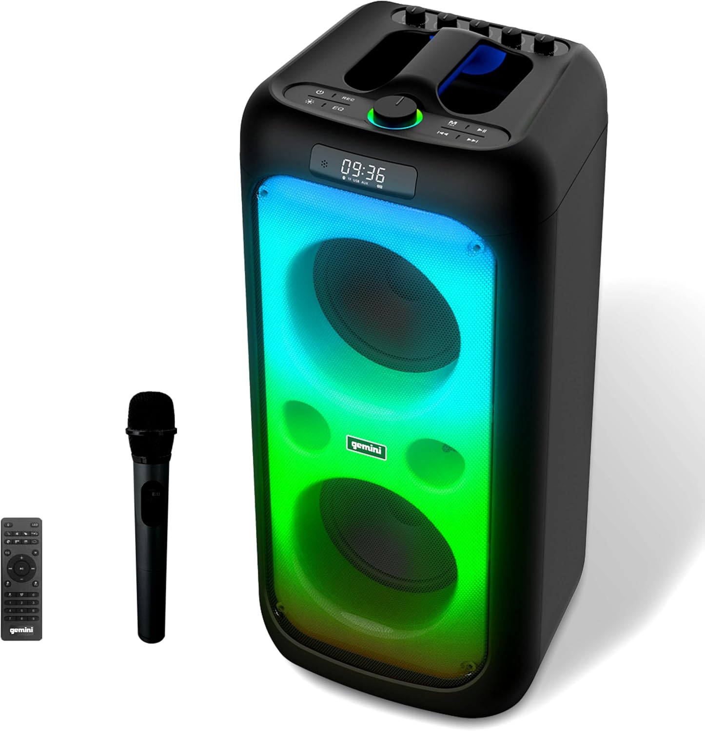 Gemini 200W Portable Bluetooth Party Speaker with Dual 6.5″ Woofers, LED Lights, Wireless Mic, 9Hr Battery Play Time, TWS Pairing & USB Playback (GGO-2650L)