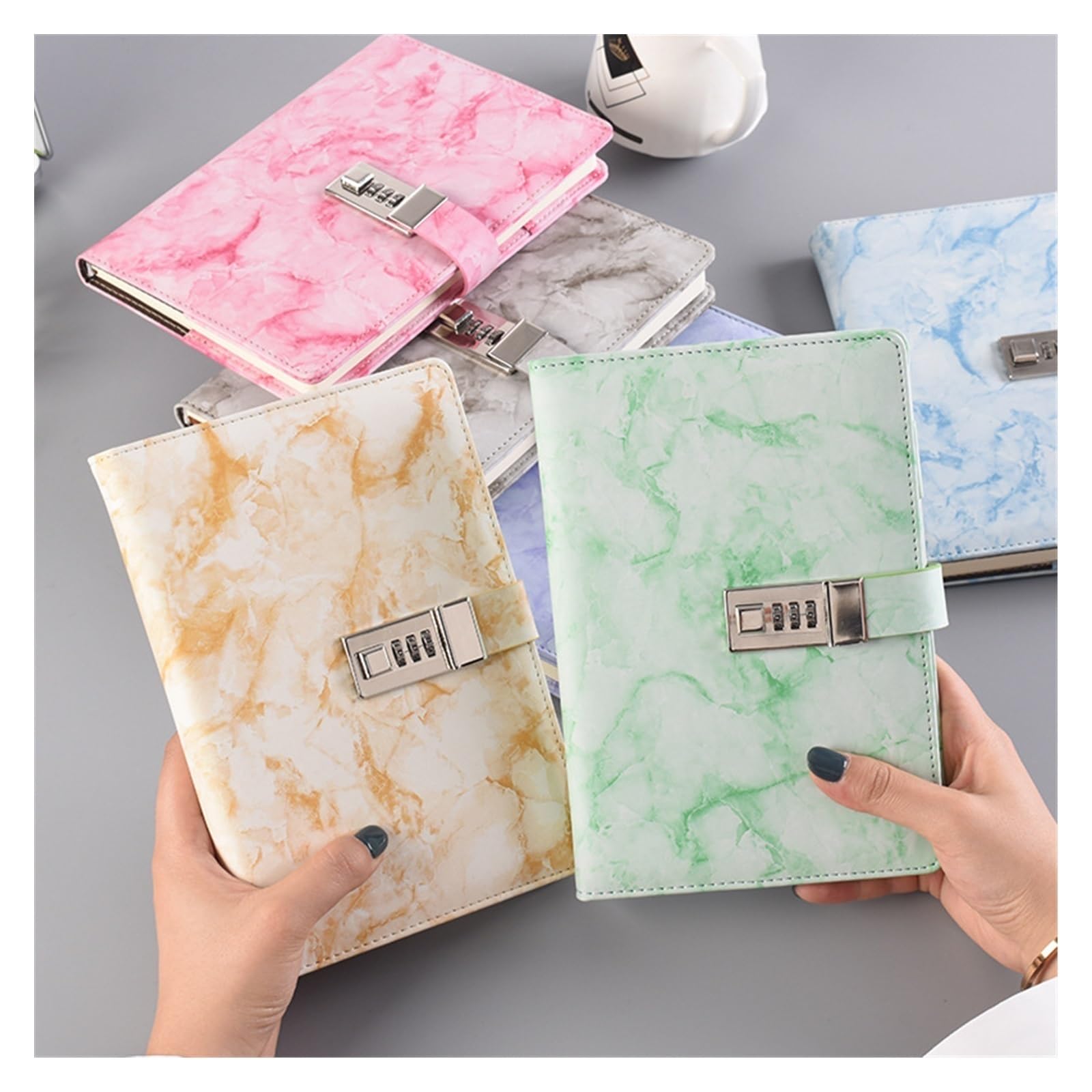 Cuaderno Contraseña Cuaderno Textura de mármol 100 Hojas Diario Personal con código de Bloqueo Suministros de la Escuela de Cuero Gruesas Notas para Notas PlanificacióN(Yellow)