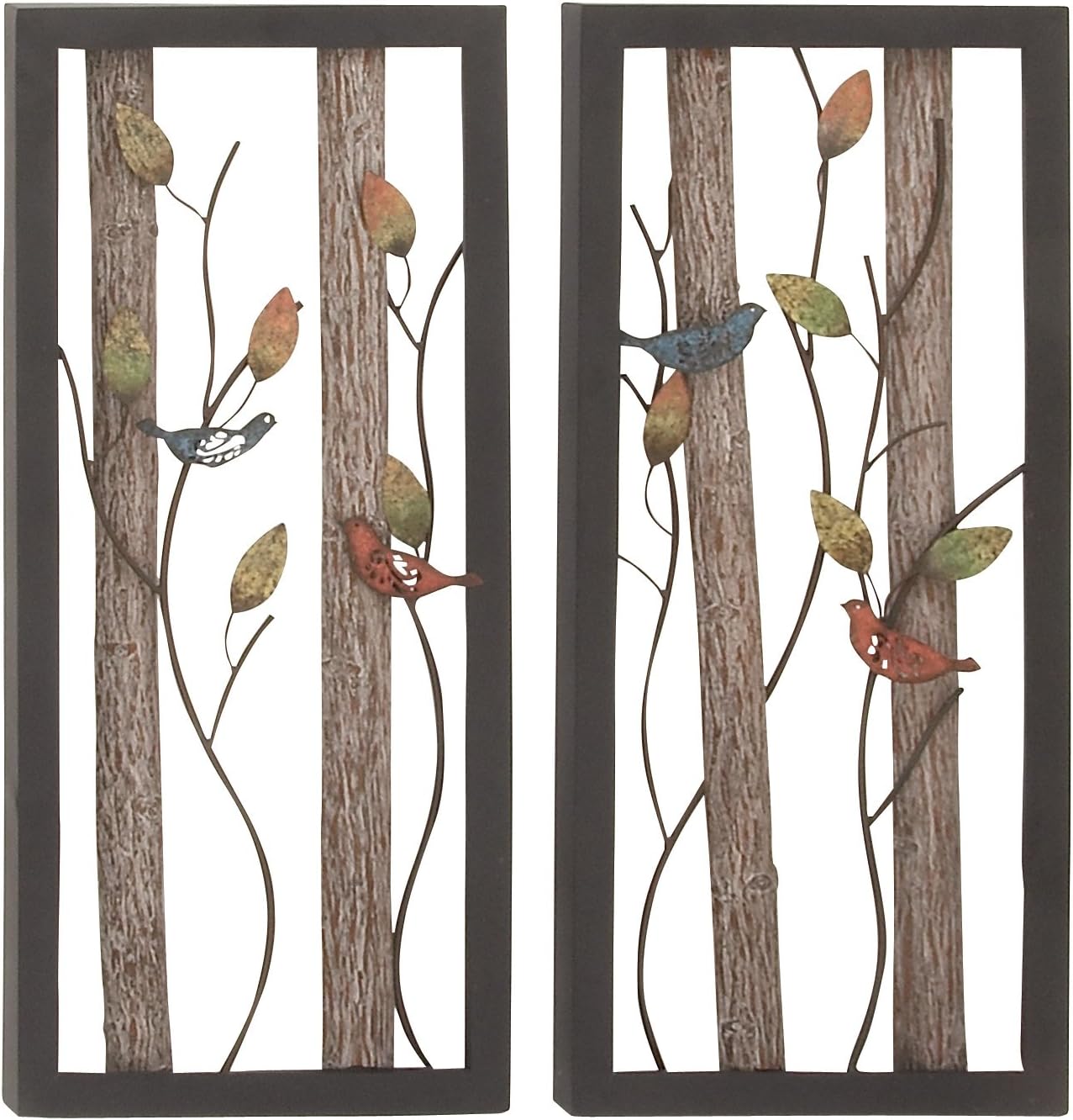 Deco 79 Metal Bird Home Wall Decor Wall Sculpture with Real Wood Detailing, set of 2 Wall Art 16" x 2" x 36", Black