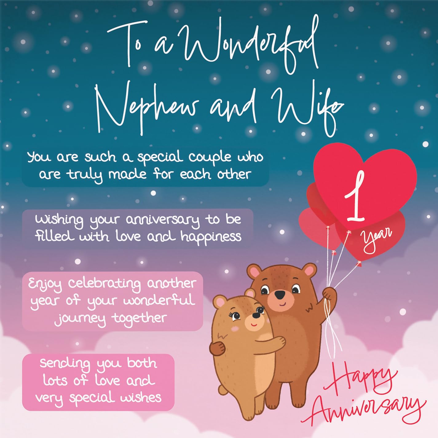 Hunts England, Nephew And Wife 1st Anniversary Card, Starry Night, Cute Bears, Verse 1st Anniversary Card For Nephew And Wife - Image 2