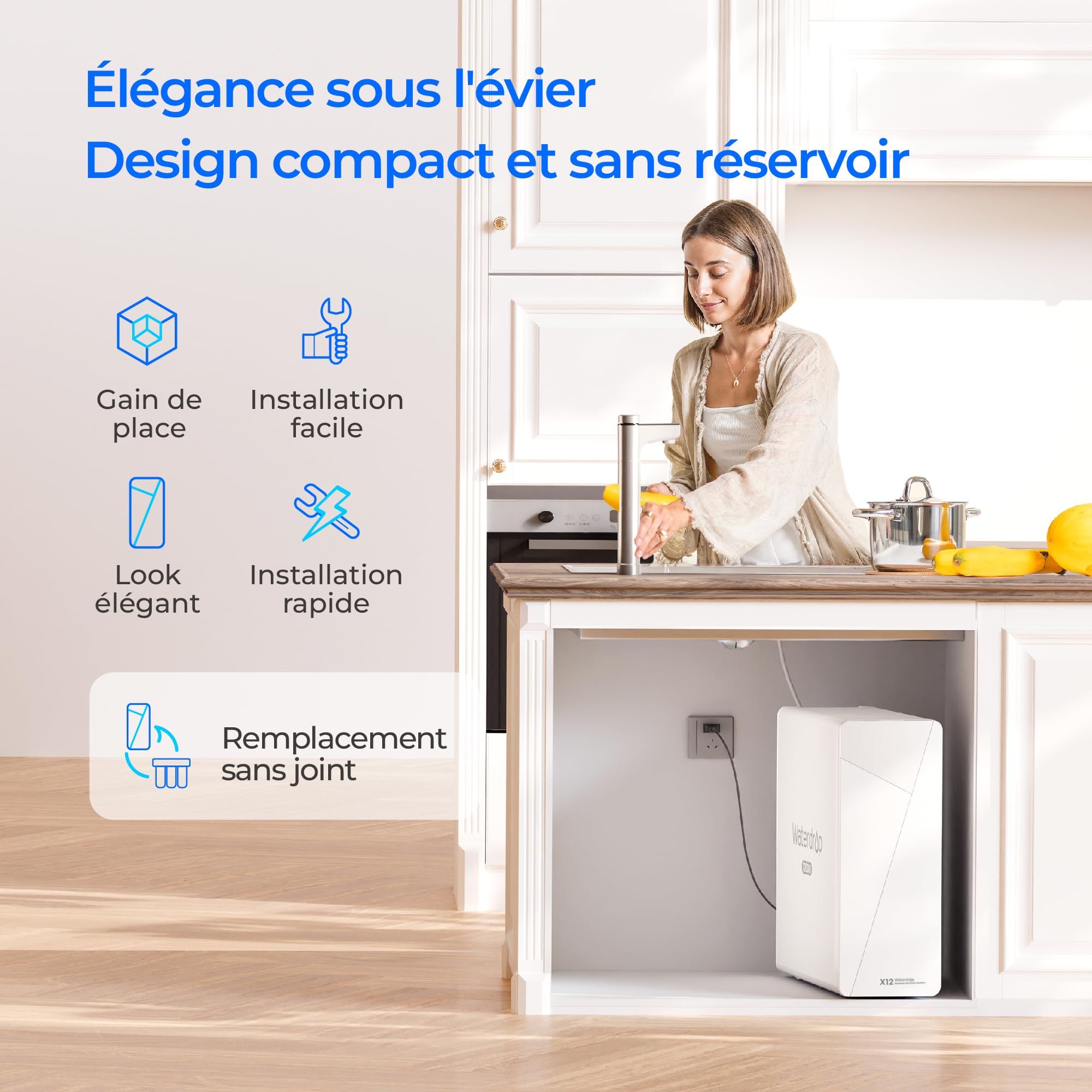 Waterdrop X12 Système d'Osmose Inverse Alcalin avec Minéraux pH+, 1200 GPD