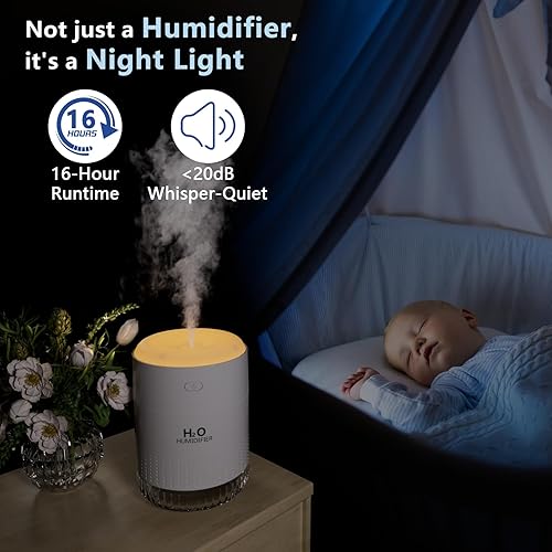Miniatura 2 de SZO Humidificador pequeño portátil, humidificador personal USB de escritorio para dormitorio, viajes, oficina, hogar, 2 modos de niebla, silencioso,