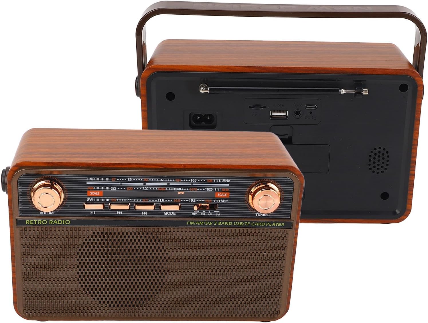 AM FM Radio Portable, 4 in 1 Shortwave Radio Supports Bluetooth, TF Card, USB Flash Drive, Built in 1200mAh Rechargeable Battery, for Garden Park Bathroom (US Plug)