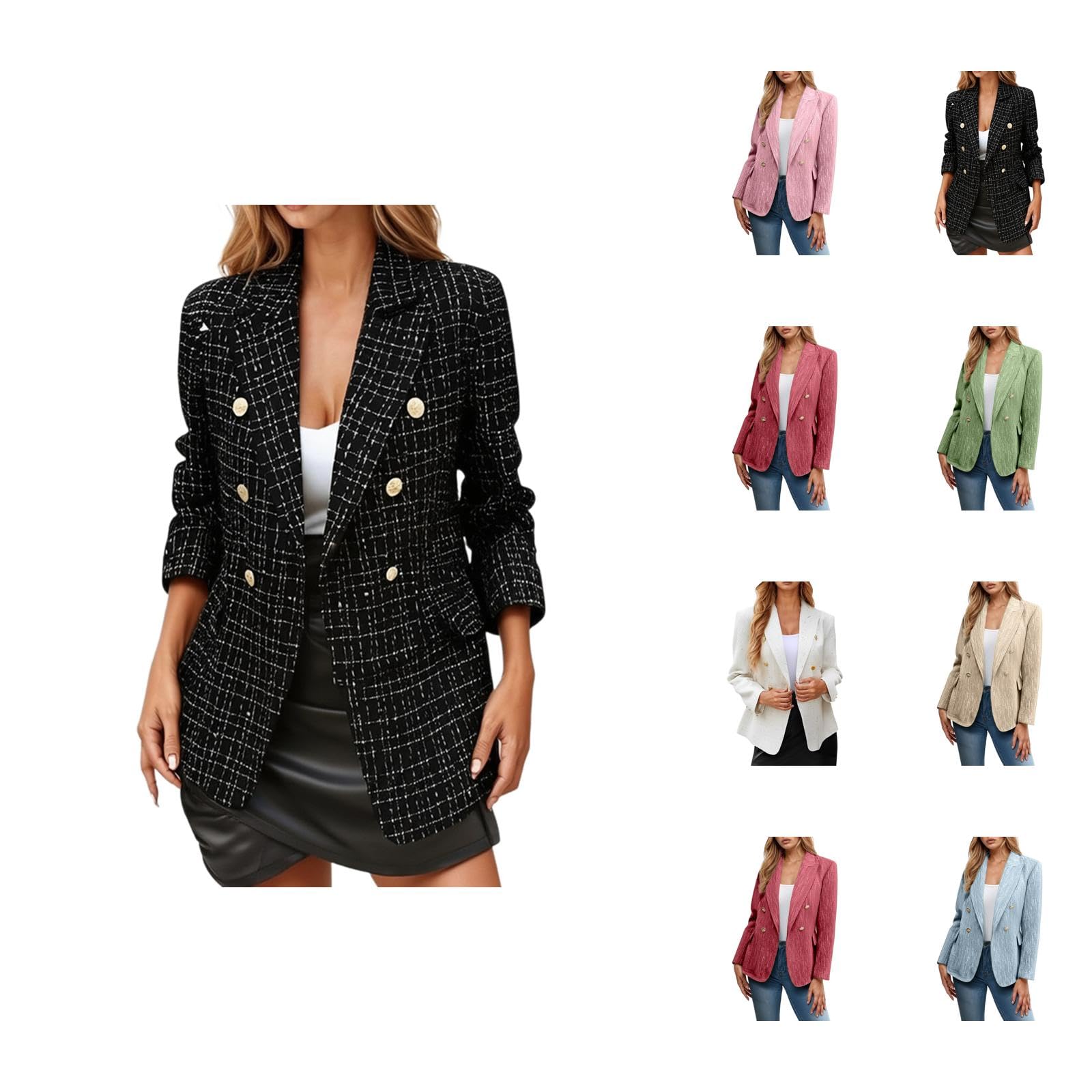 MCILLO Casual Blazers for Women 2025 Long Sleeve Tweed Notch Lapel Collar Double Breasted Business Casual Work Office