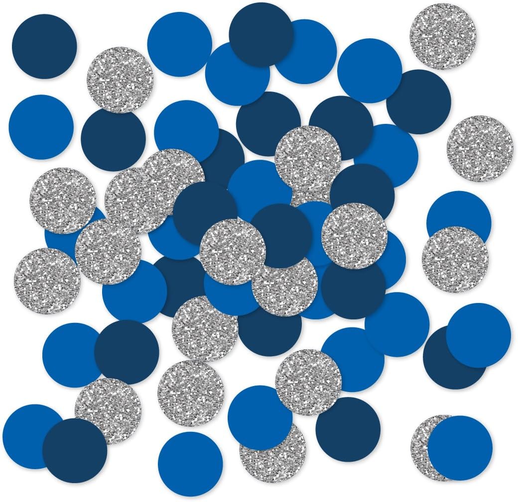 Andaz Press Large Confetti Party Table Decor, 1.5-inch Double-Sided, Royal Blue, Matte Silver, Navy Blue, 180-Pack Faux Printed Glitter