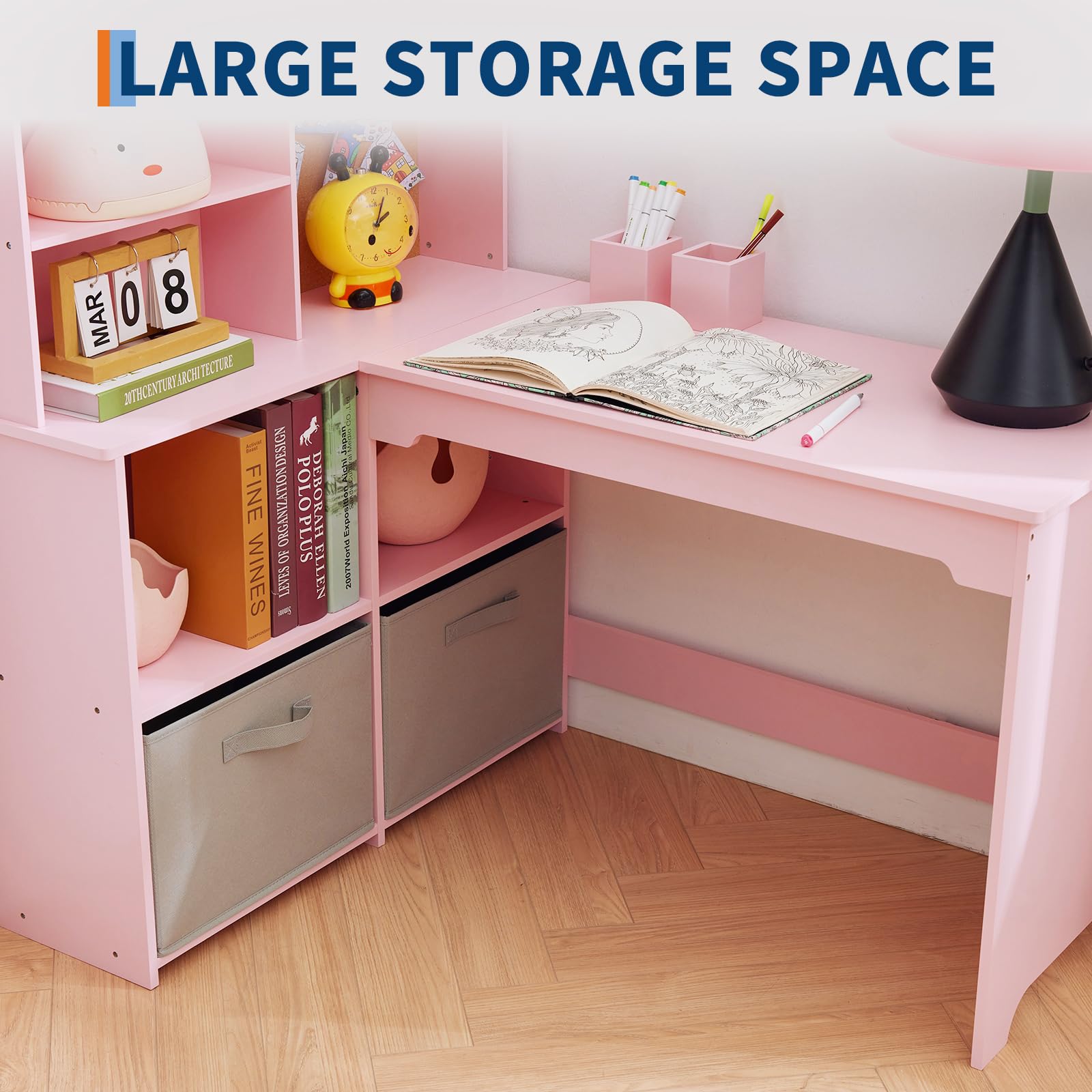Bureau d’Angle Enfant élégant Avec Chaise Ergonomique 3-10 Ans Fille Garcon | Table d'étude L Avec Miroir,Etagères,Tableau d'Affichage,Tiroirs en tissu,Rangement Ensemble Complet Pour Etude Et Créativité