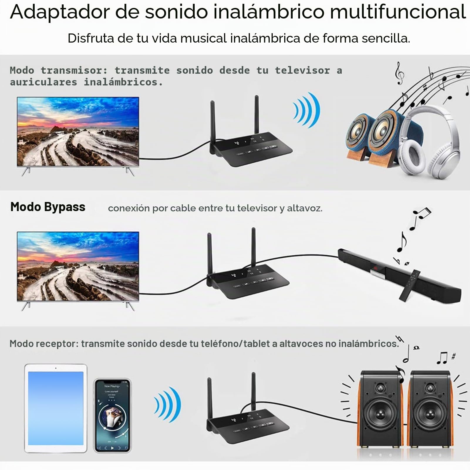 Receptor Transmisor Bluetooth 5,2, Adaptador de Audio Bluetooth HD de Baja Latencia 2 en 1 AptX, Puerto AUX RCA de 3,5mm, para Auriculares Estéreo BT de TV en Casa