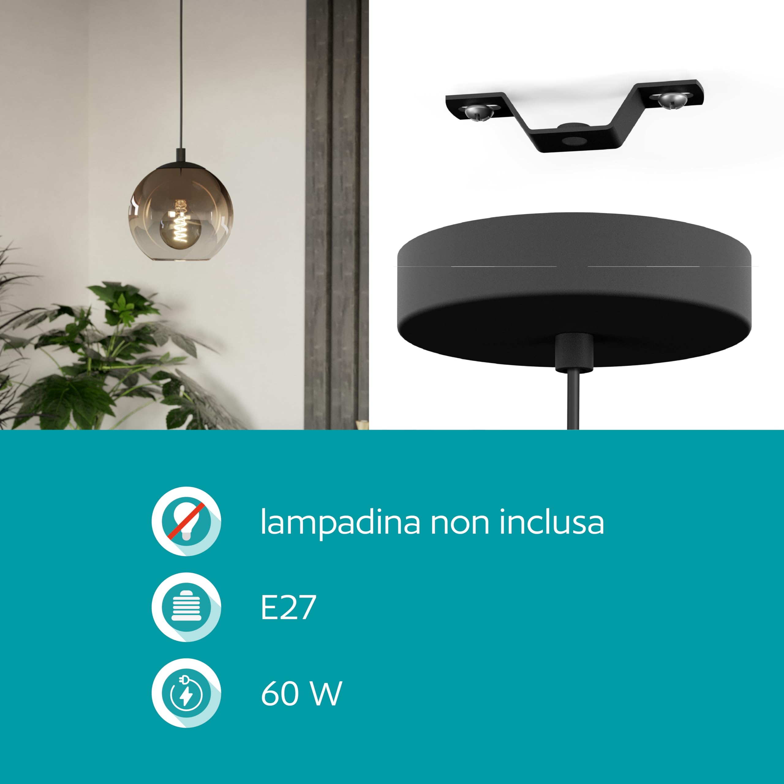 Eglo lampada a sospensione Ariscani 1, a 1 luce, lampadario per tavolo | da pranzo, in metallo nero e vetro color rame, attacco E27, Ø 42,5 cm