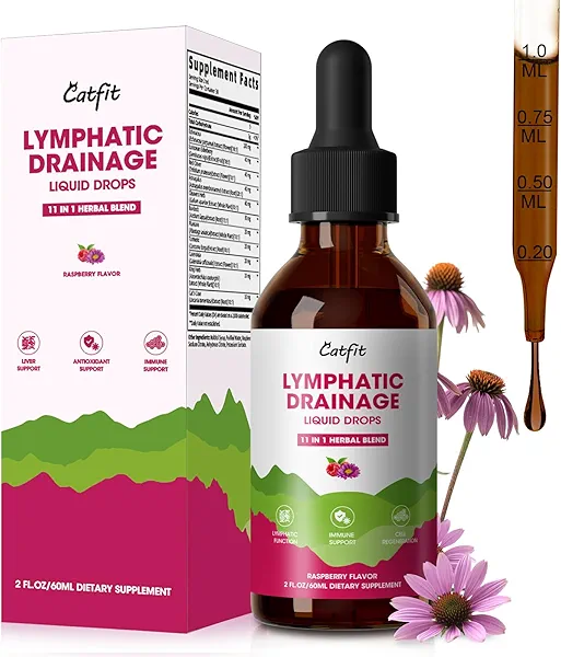Lymphatic Drainage Supplements Drops for Immune, Lymph System Support, Cleanse & Detox, Liver Health with Echinacea,Elderberry,Cleavers Herb,Burdock, Calendula, Non-GMO, Raspberry Flavor, 2 Fl Oz
