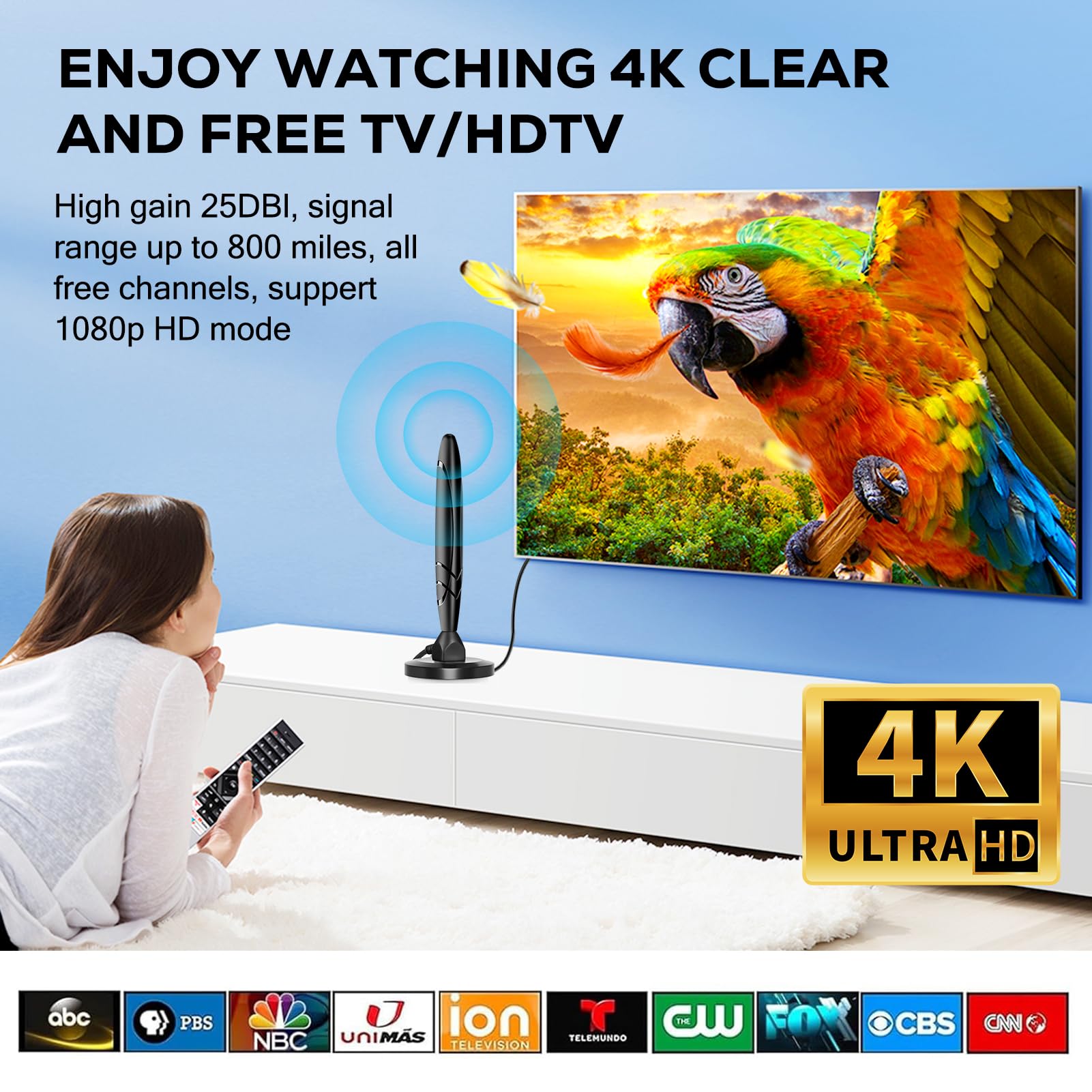 Antena TV Interior Potente 650+ Km | Con Amplificador De Señal | Soporta 4K Y HD Gratis | Cable Coaxial 10m | Para DVB-T2/T