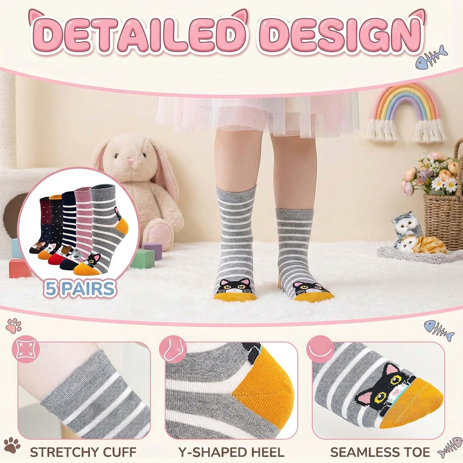 Hellomamma Girls Toddler Cotton Crew Socks Kids Novelty Animal Soft Funny Fashion Casual Breathable Childs Socks 5 Pairs - Image 4