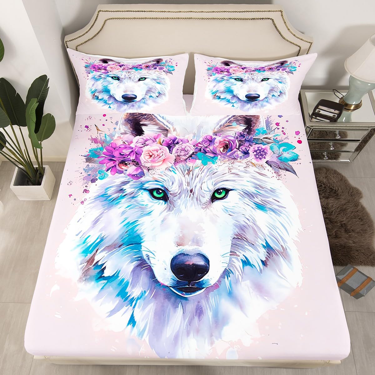 3D Wolf Bedding Set, with Green Eyes Wild Animal Blooming Flower Splash Watercolour Tie Dye Fitted Sheet, Decorative 3 Piece Sheet Set with 2 Pillow