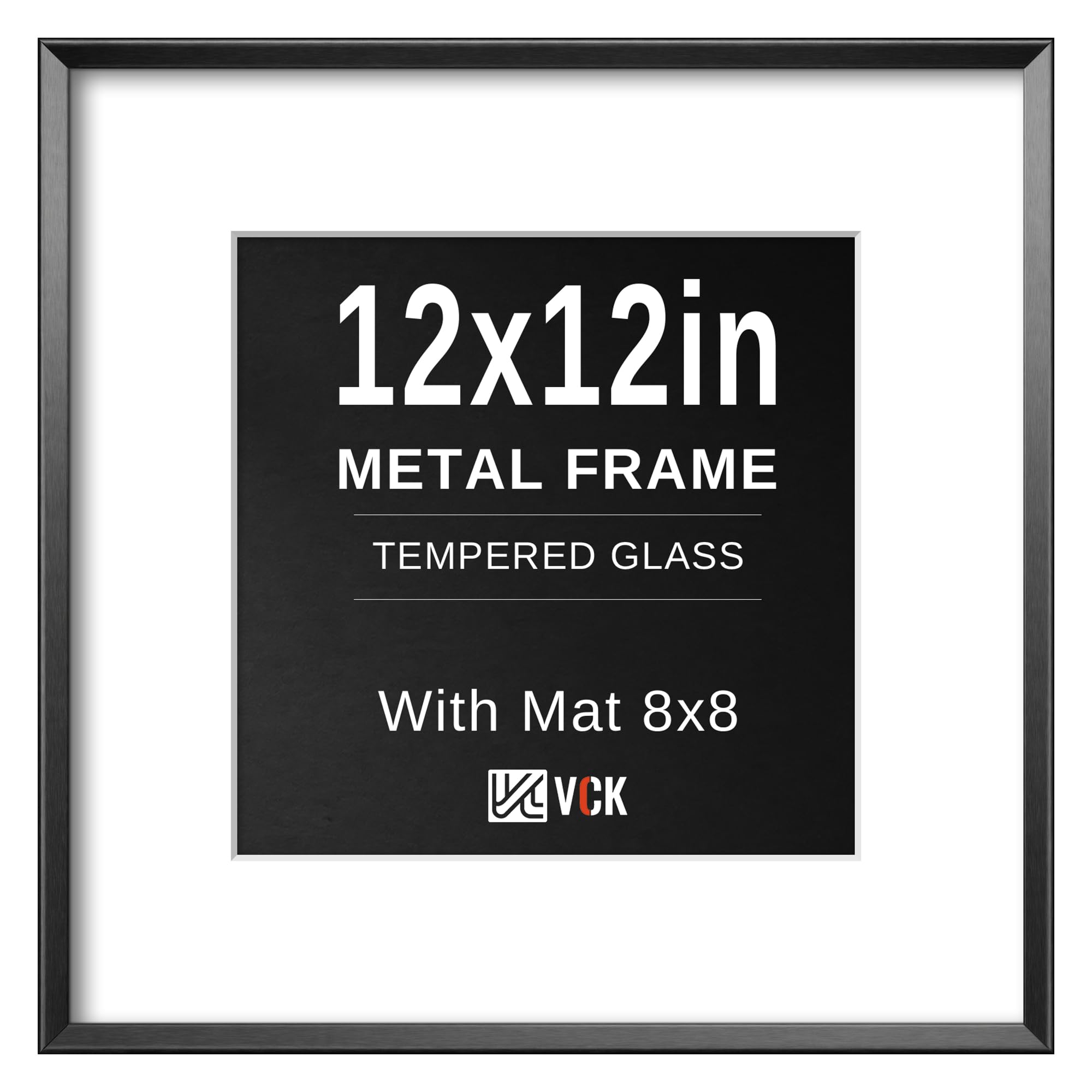 VCK 12x12 Aluminum Black Picture Frames with Mat for 8x8 Picture or 12x12 without Mat, Metal Square Photo Frame with Real Tempered Glass For Wall (1 Pack)