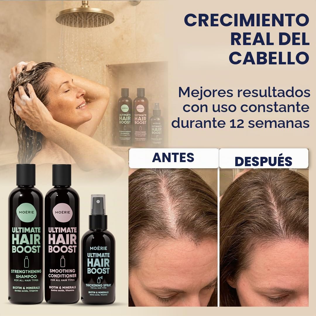 Moerie Mineral Shampoo y Condicionador con Hair Spray Mega Pack – El Set Último Hair Care para Cabello Largo, Fuerte y Voluminoso - Productos Vegetales – Sin Parabens ni Siliconas