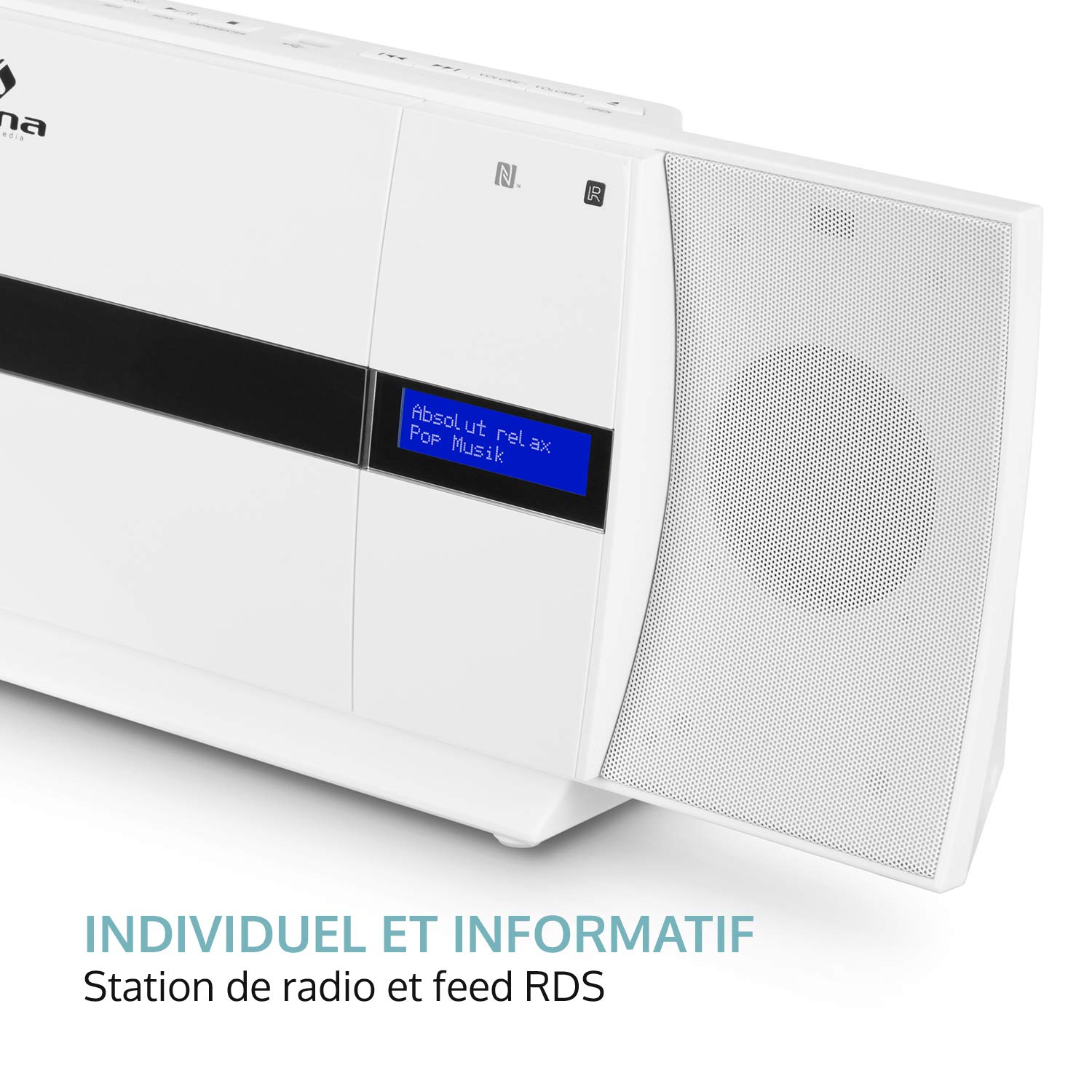 AUNA V-20 - Chaîne HiFi, Radio CD, Lecteur CD Radio, Tuner numérique Dab+ RDS, Récepteur FM, Fonction Bluetooth, Connectivité NFC, Télécommande Incluse - Blanc