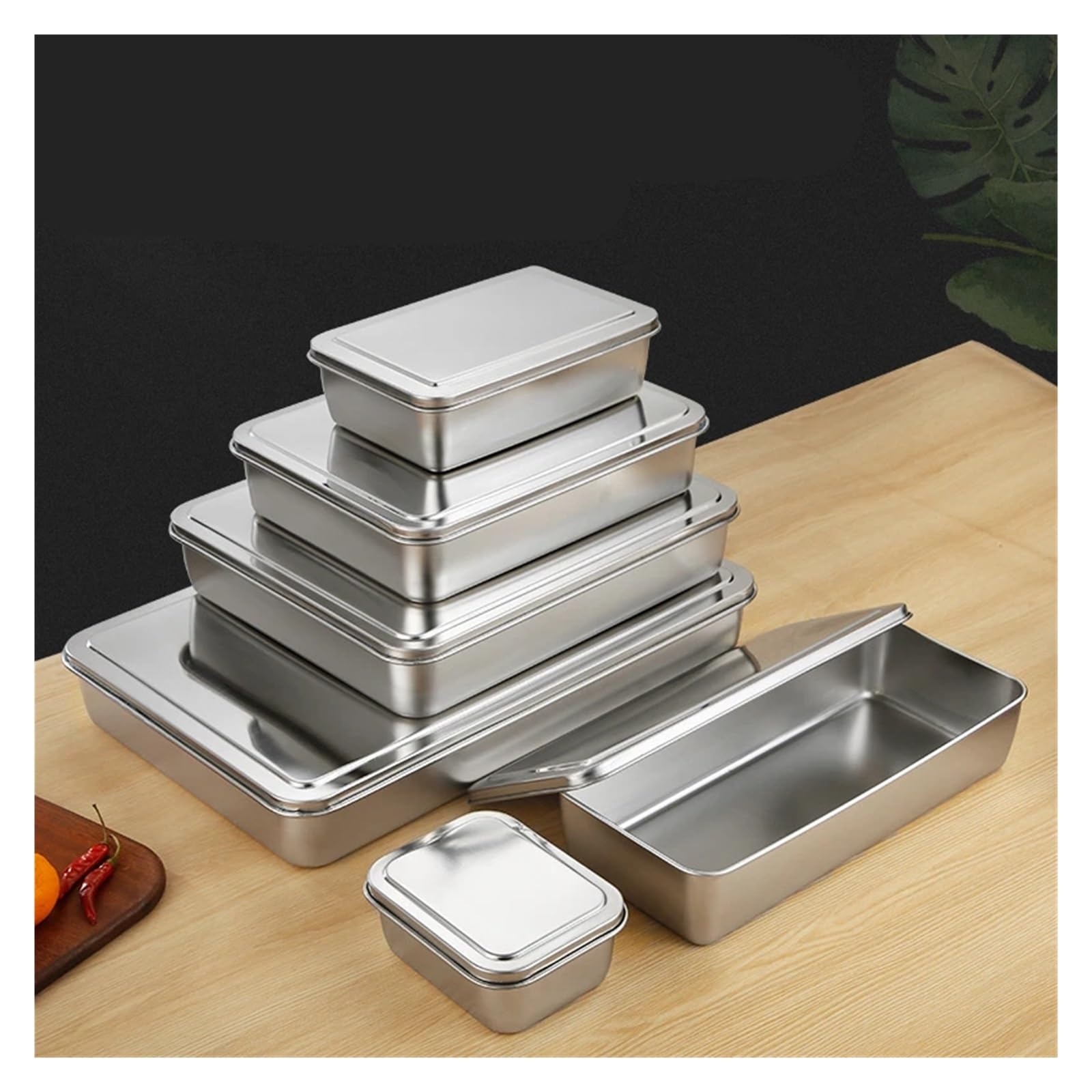 Boîte à Déjeuner En Acier Inoxydable Plateau de service rectangulaire en acier inoxydable épais avec couvercle, assiettes conservation des aliments, récipient cuisine(33x28.5x6.2 with Lid)