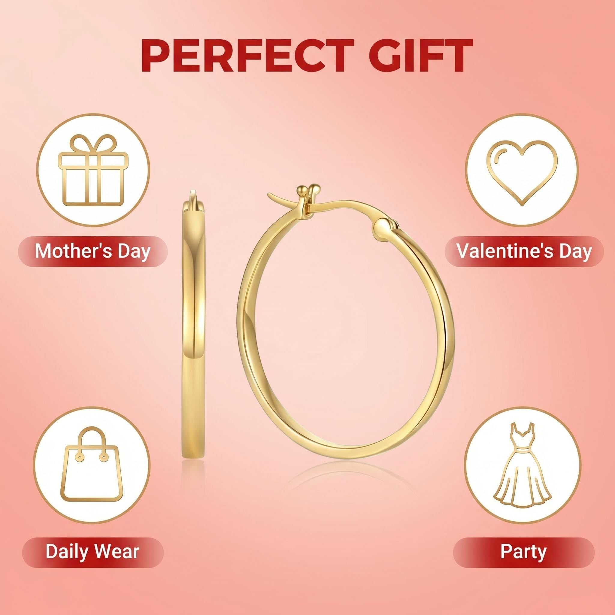 Orecchini a cerchio da donna, in oro 14 carati, leggeri, classici, quadrati, 20 mm/30 mm/40 mm, ipoallergenici, per tutti i giorni