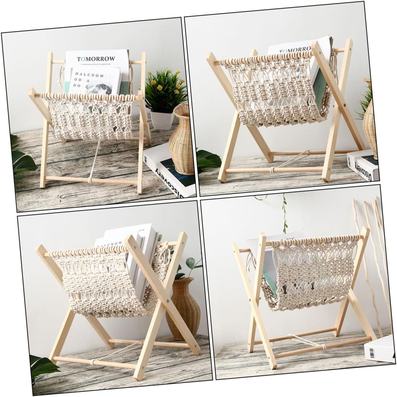 Cotton Rope Magazine Shelf Hand Woven Storage Rack for Books and Sundries Bohemian Style for Bedroom Office Apartment and Hotel Decor