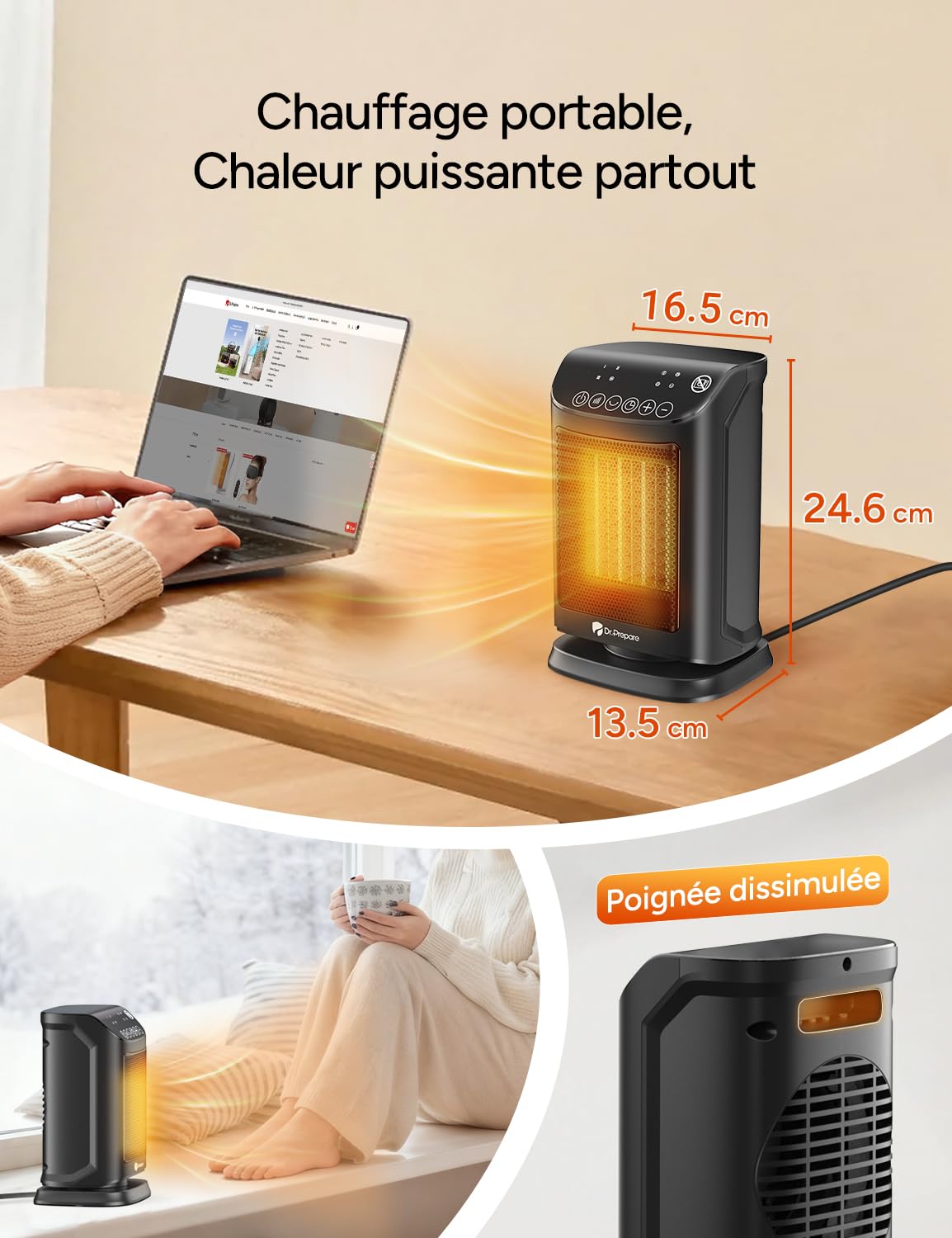 DR.PREPARE Chauffage d'appoint, 1800W PTC Chauffage Soufflant Économique avec Thermostat, Mode Éco, 3 Modes Chauffants, Minuterie 12H, Protection de Sécurité, Silencieux Chauffage Portable Electrique