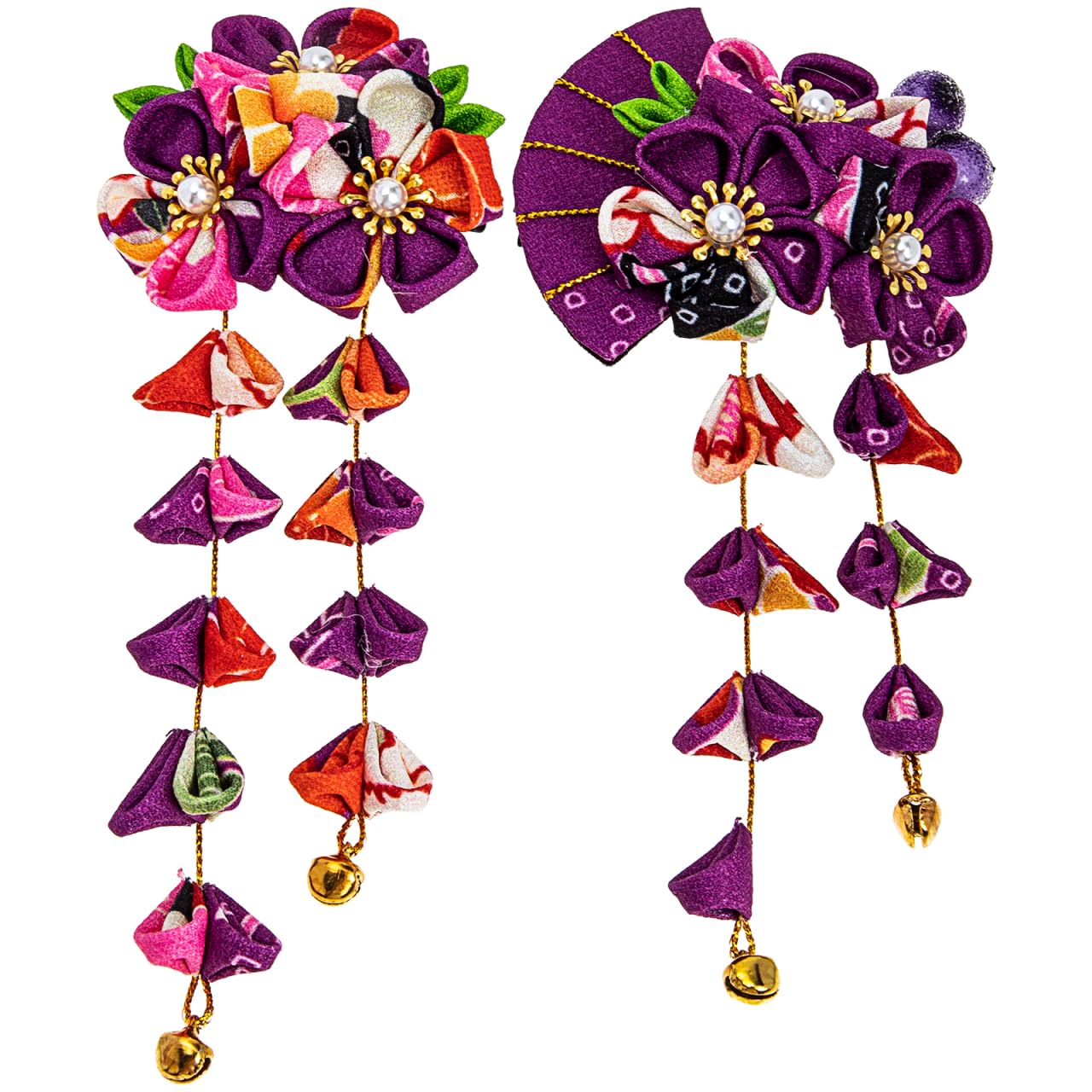 KALLORY 2pcs Japanese Style Hair Accessories Tassel Barrette Tassel Flower Hair Clip Fans Barrette for Weddings Parties and Daily Use
