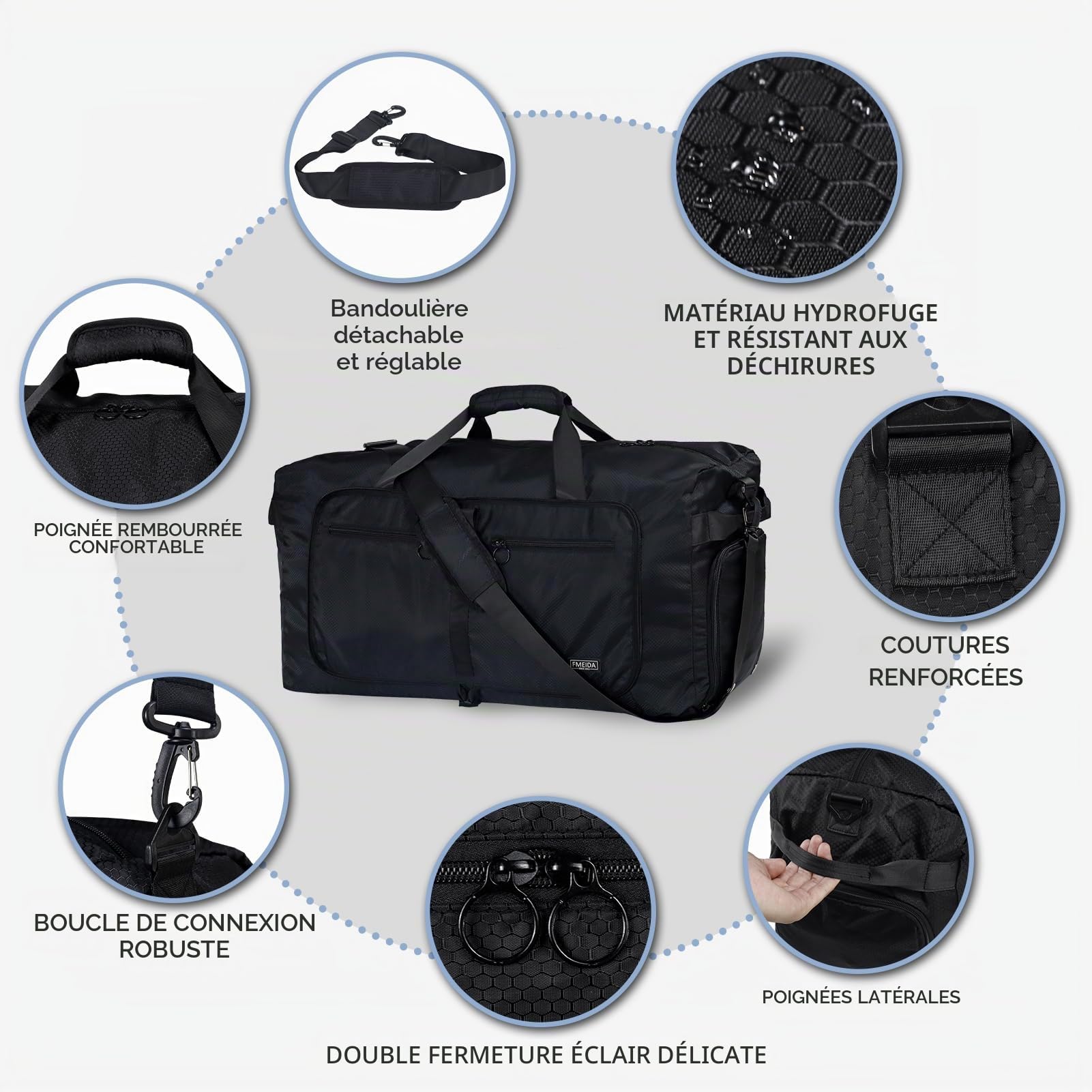 Fmeida Sac de Voyage Pliable 65L – Grand Sacs de Sport Imperméable avec Compartiment à Chaussures pour Homme et Femme, Sac Weekend Léger avec Bandoulière, Idéal pour Gym, Camping, Randonnée, Maternité