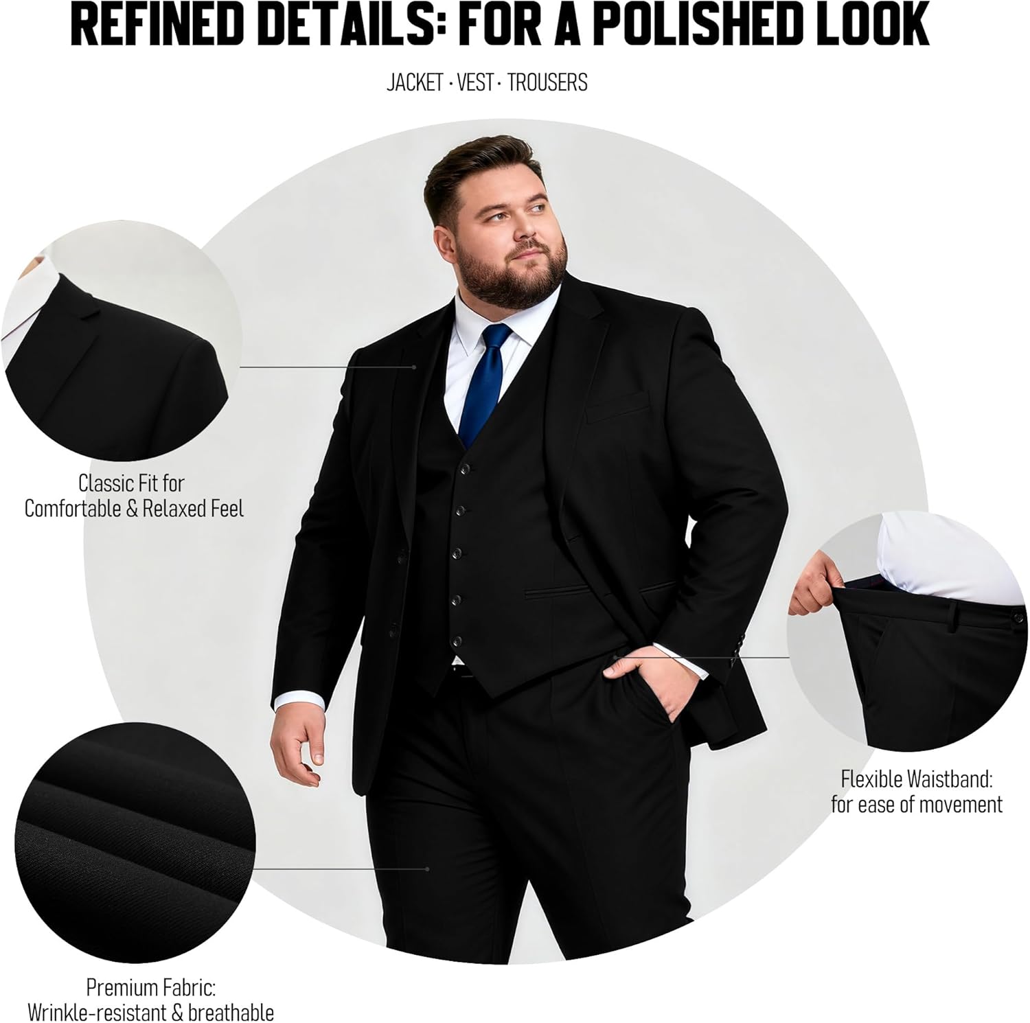 GATMSTZ 3 Piece Suit for Men Big and Tall Classic Fit Men Tuxedo Suit Set Jacket Vest Pants - Image 4